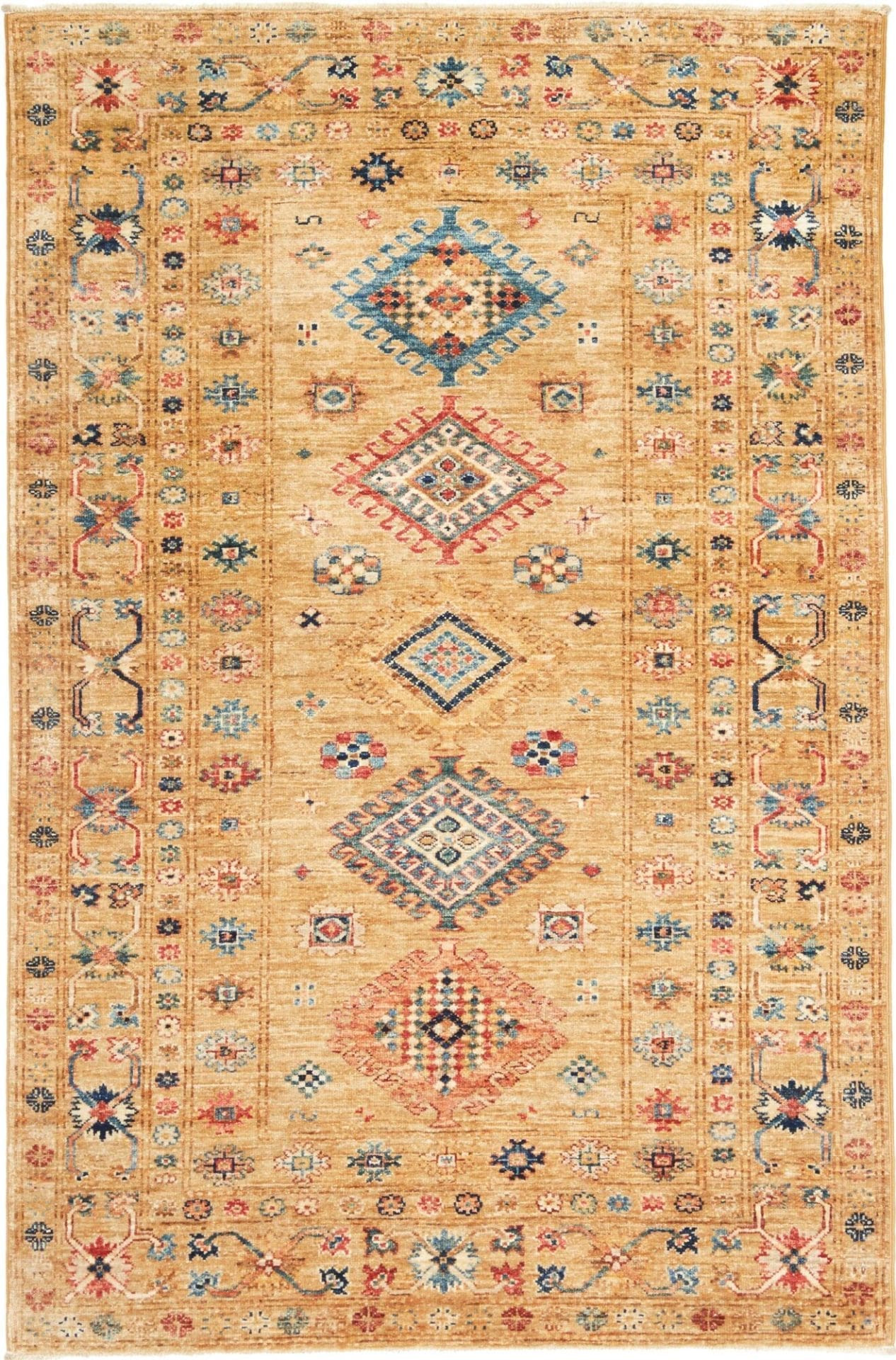 Kazak Teppich 127 x 188cm, Schurwolle, geometrische Muster, handgeknüpft