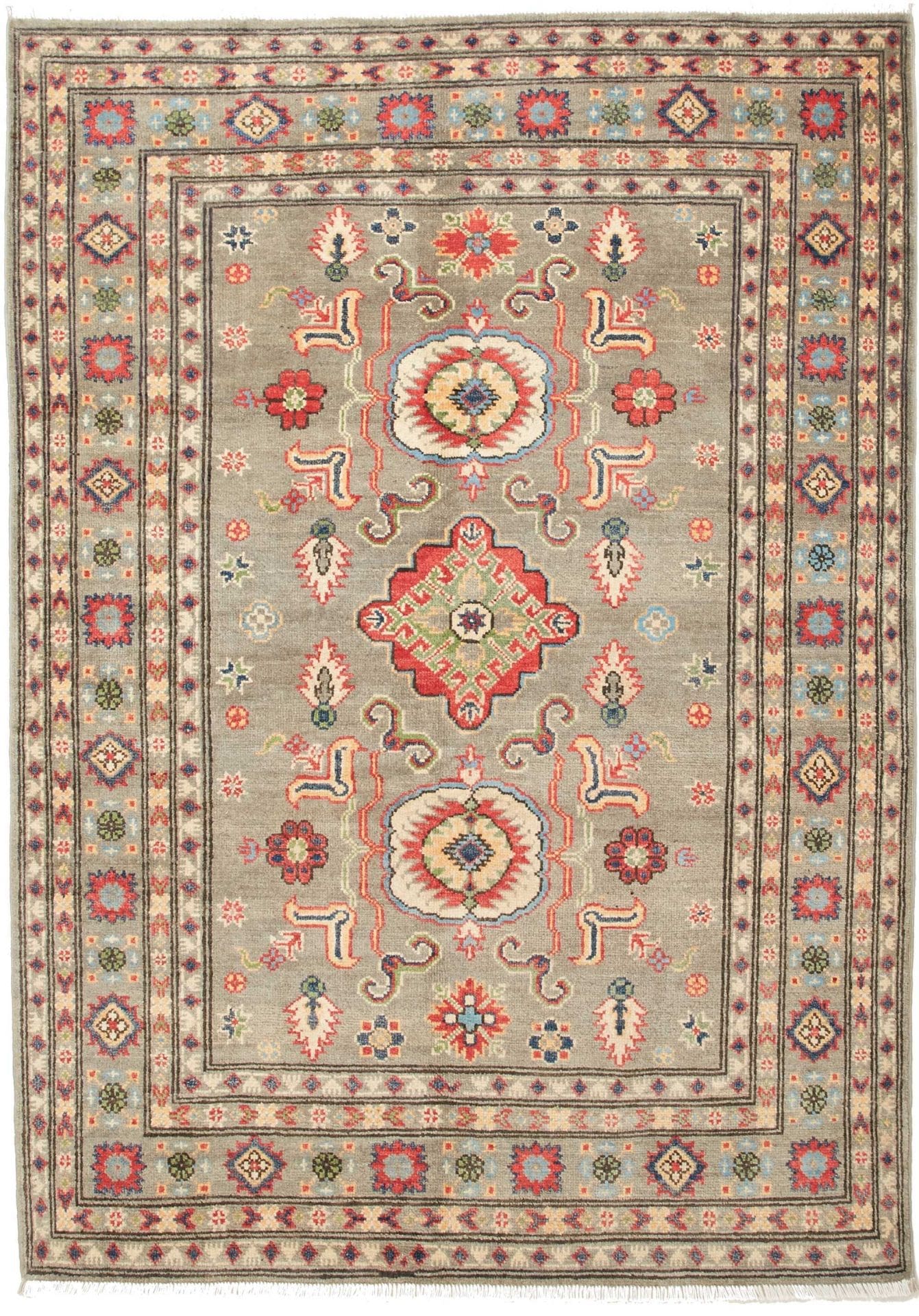 Kazak Teppich 131x182cm mit geometrischen Mustern, handgeknüpft