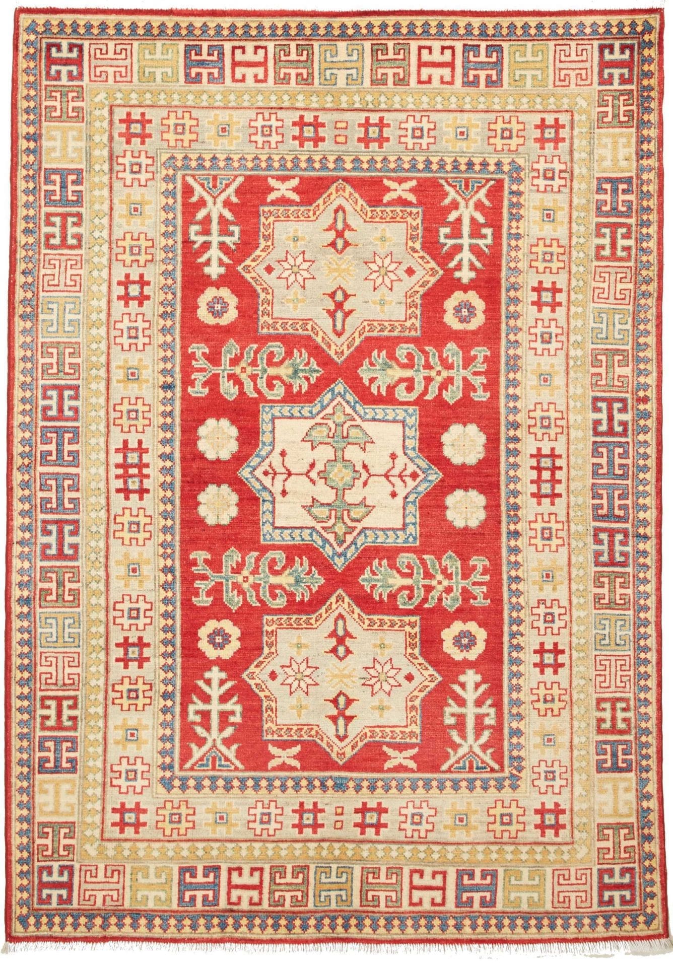 Kazak Teppich 133 x 186cm, geometrisches Muster, handgeknüpft