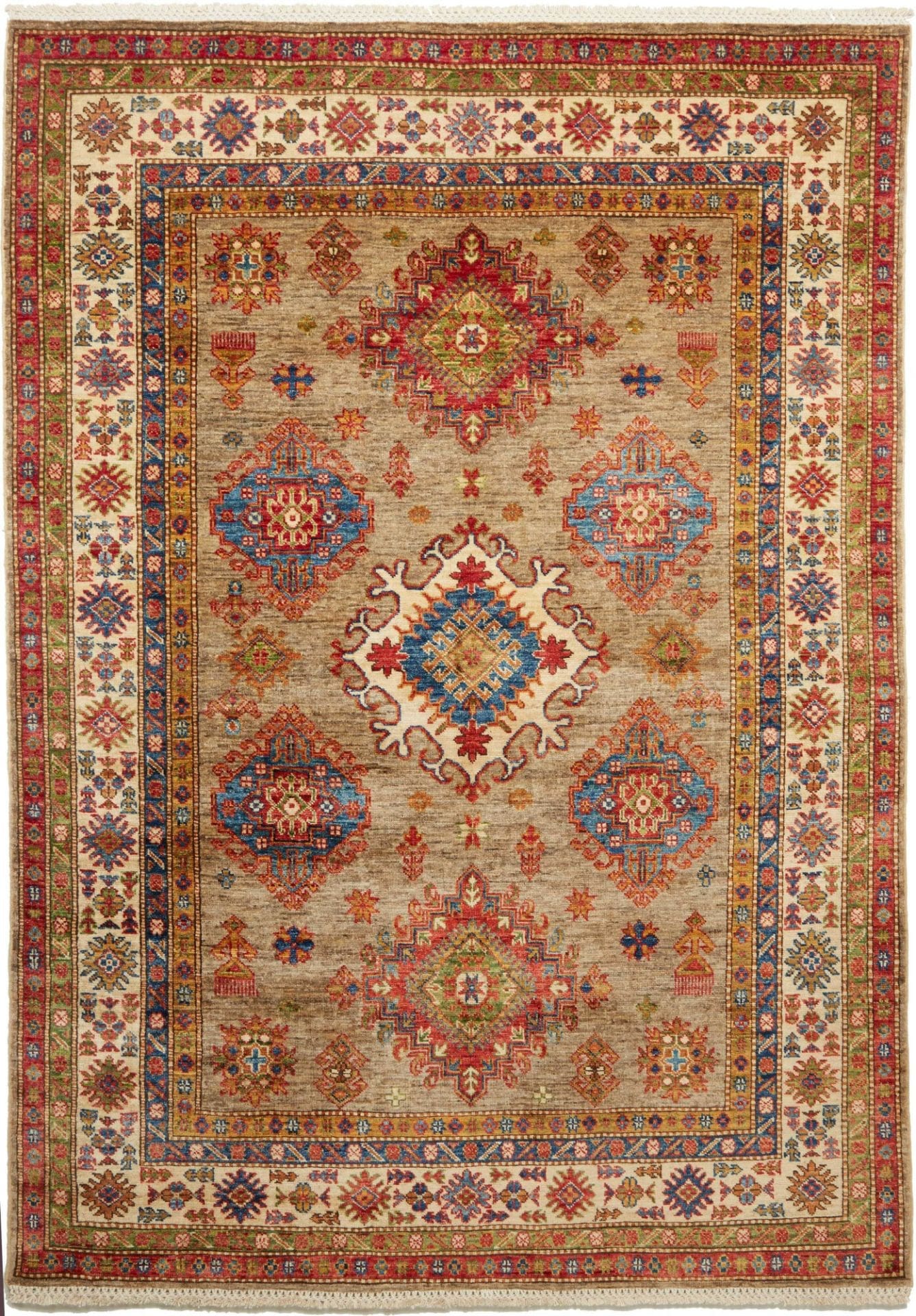 Kazak Teppich 148 x 203cm, handgeknüpft, geometrische Muster, Wolle