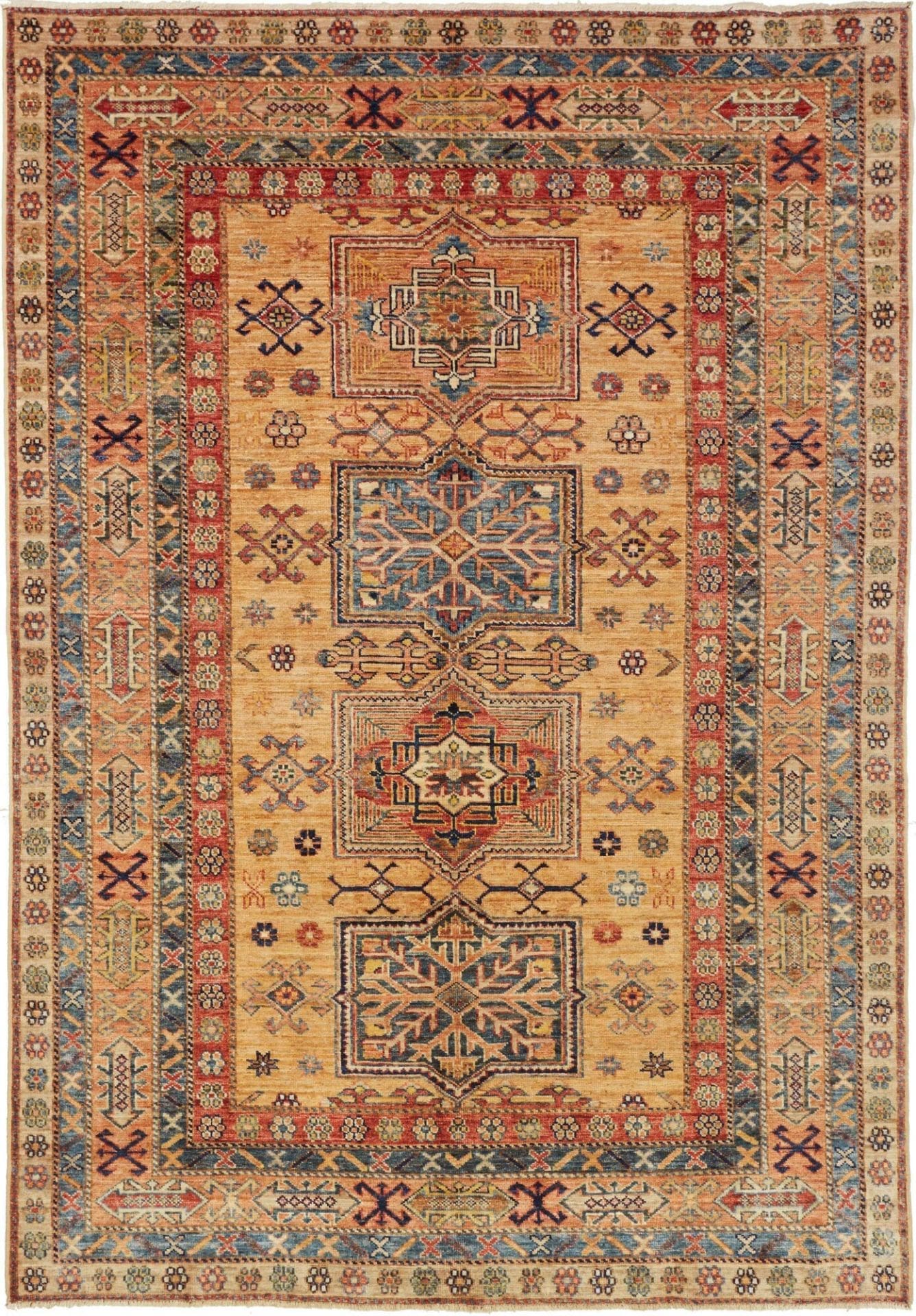 Kazak Teppich 150 x 212cm, Schurwolle, geometrische Muster, handgeknüpft