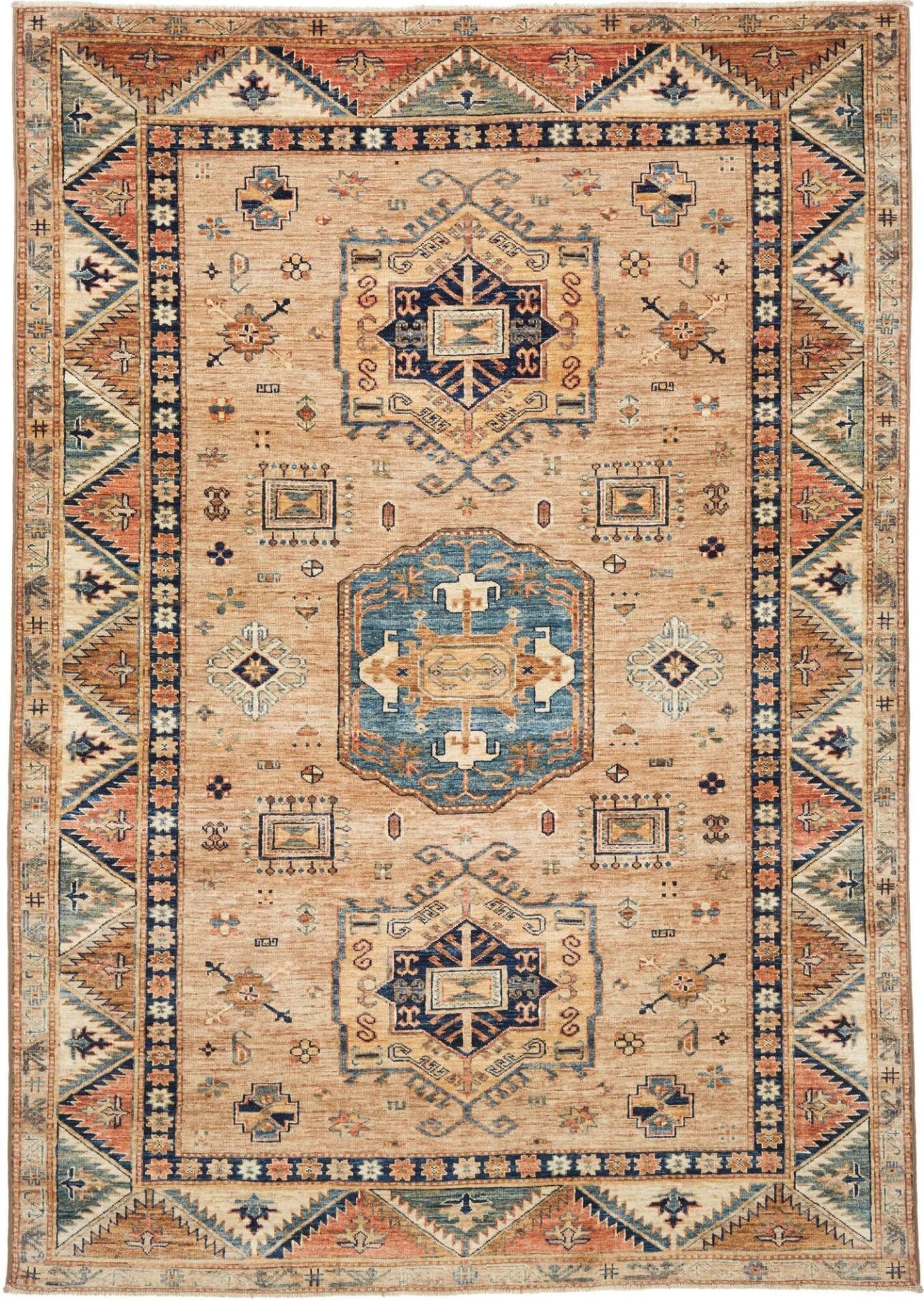 Kazak Teppich 171 x 238 cm, Schurwolle, geometrische Muster, handgeknüpft