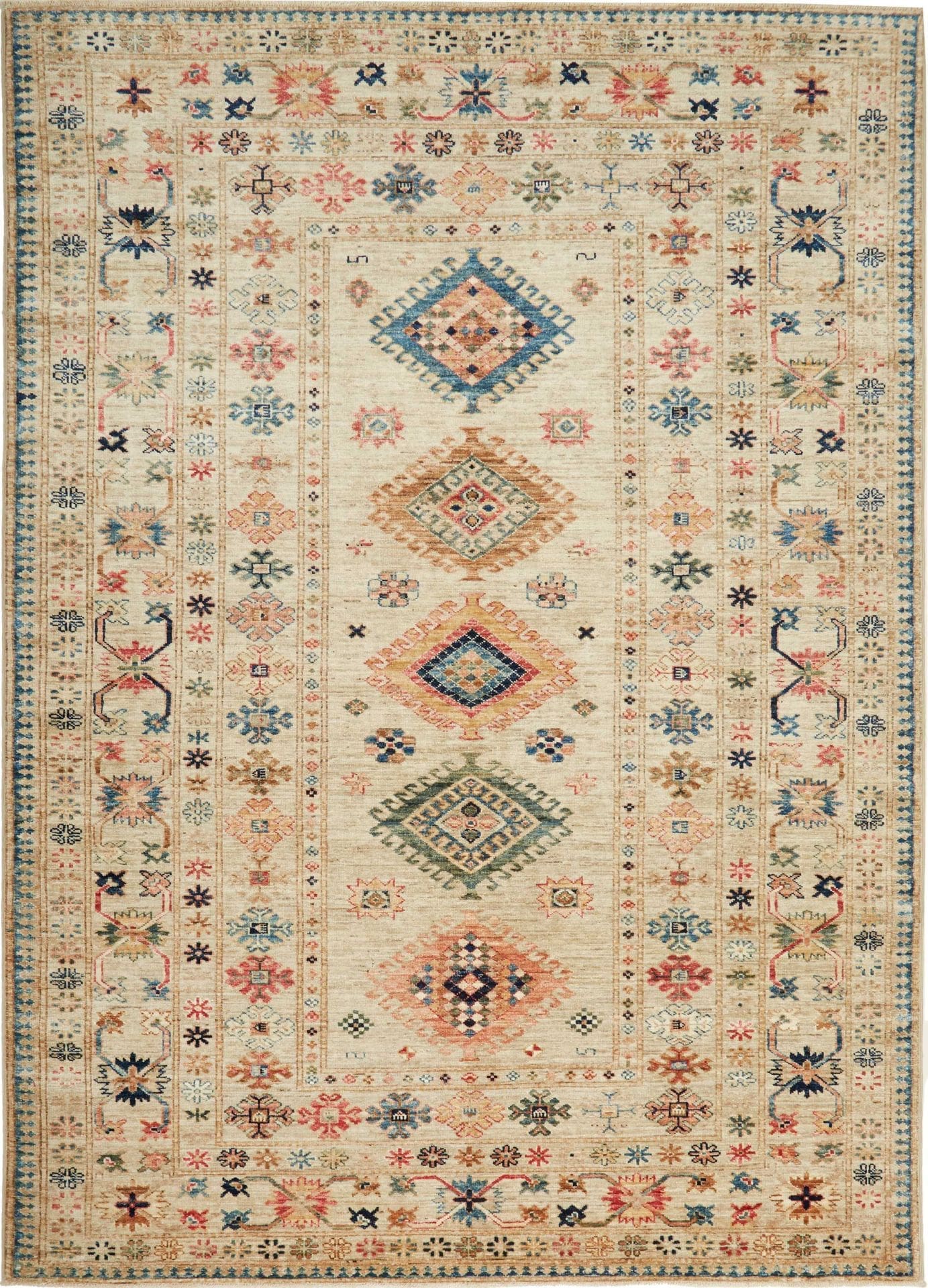 Kazak Teppich 173 x 241 cm, Schurwolle, geometrisches Muster, handgeknüpft
