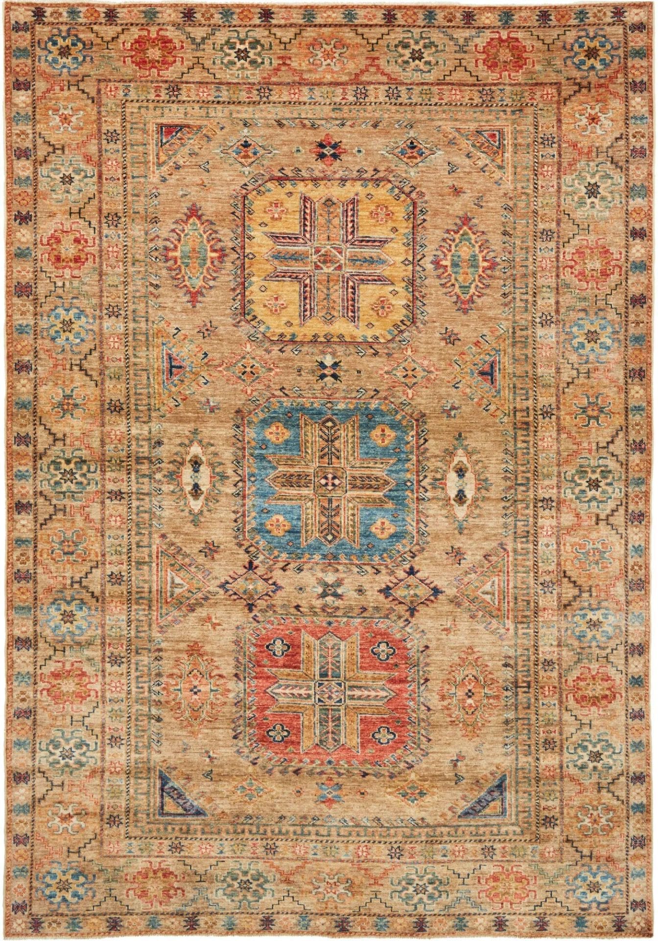 Kazak Teppich 173 x 243 cm, geometrisches Muster, handgeknüpft