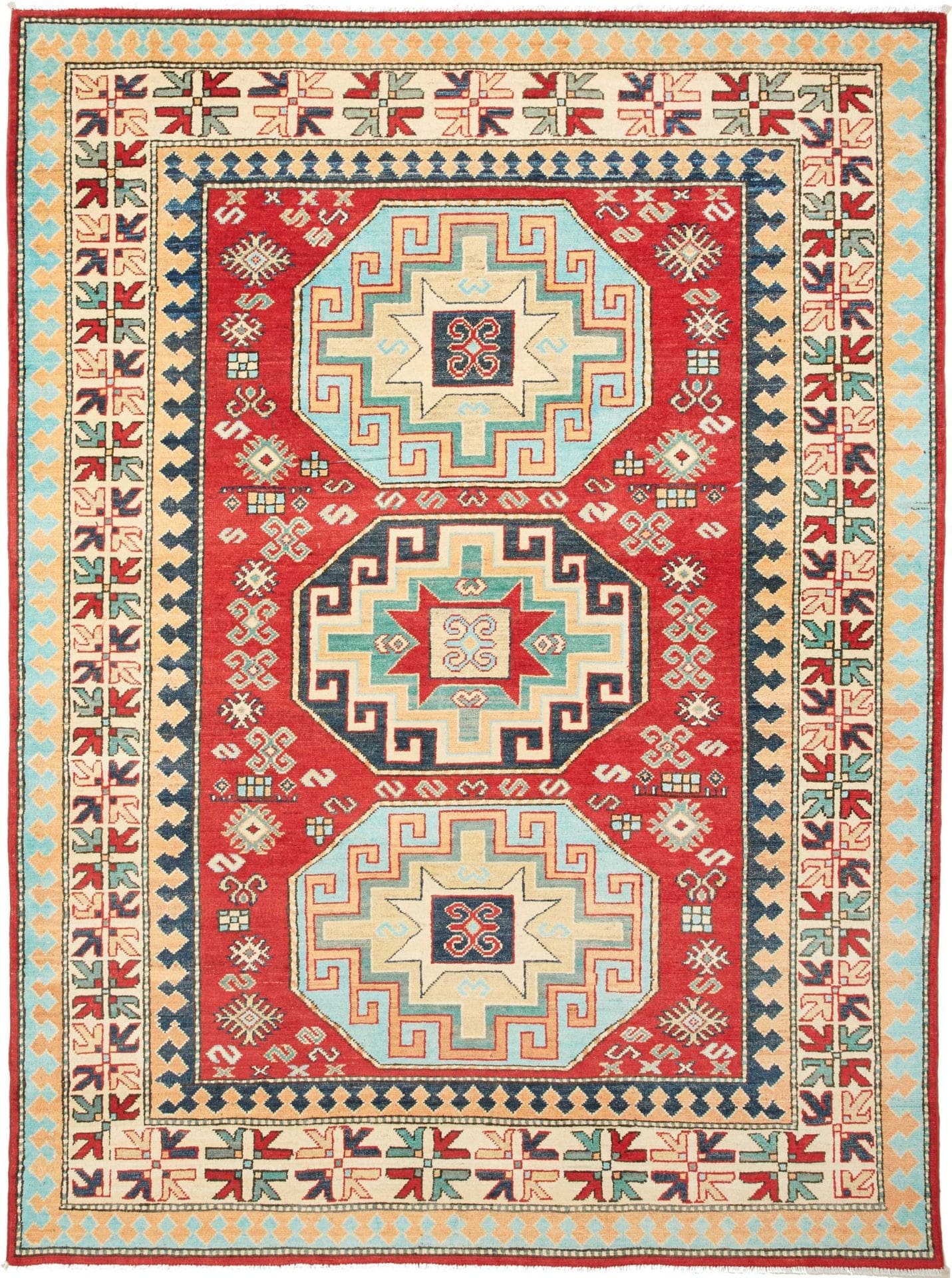 Kazak Teppich 174 x 230cm, geometrische Muster, handgeknüpft