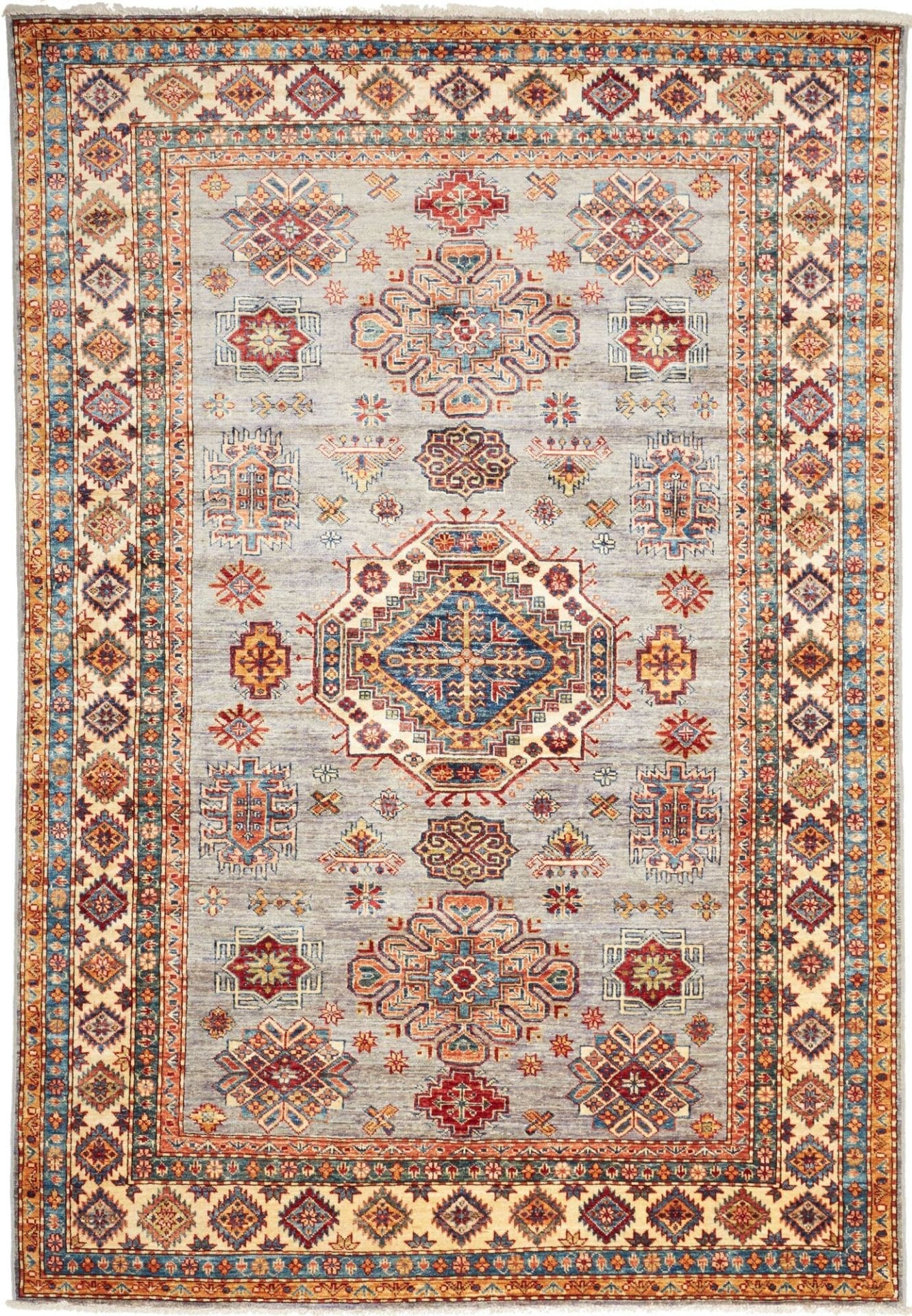 Kazak Teppich 176 x 249 cm, geometrisches Muster, handgeknüpft