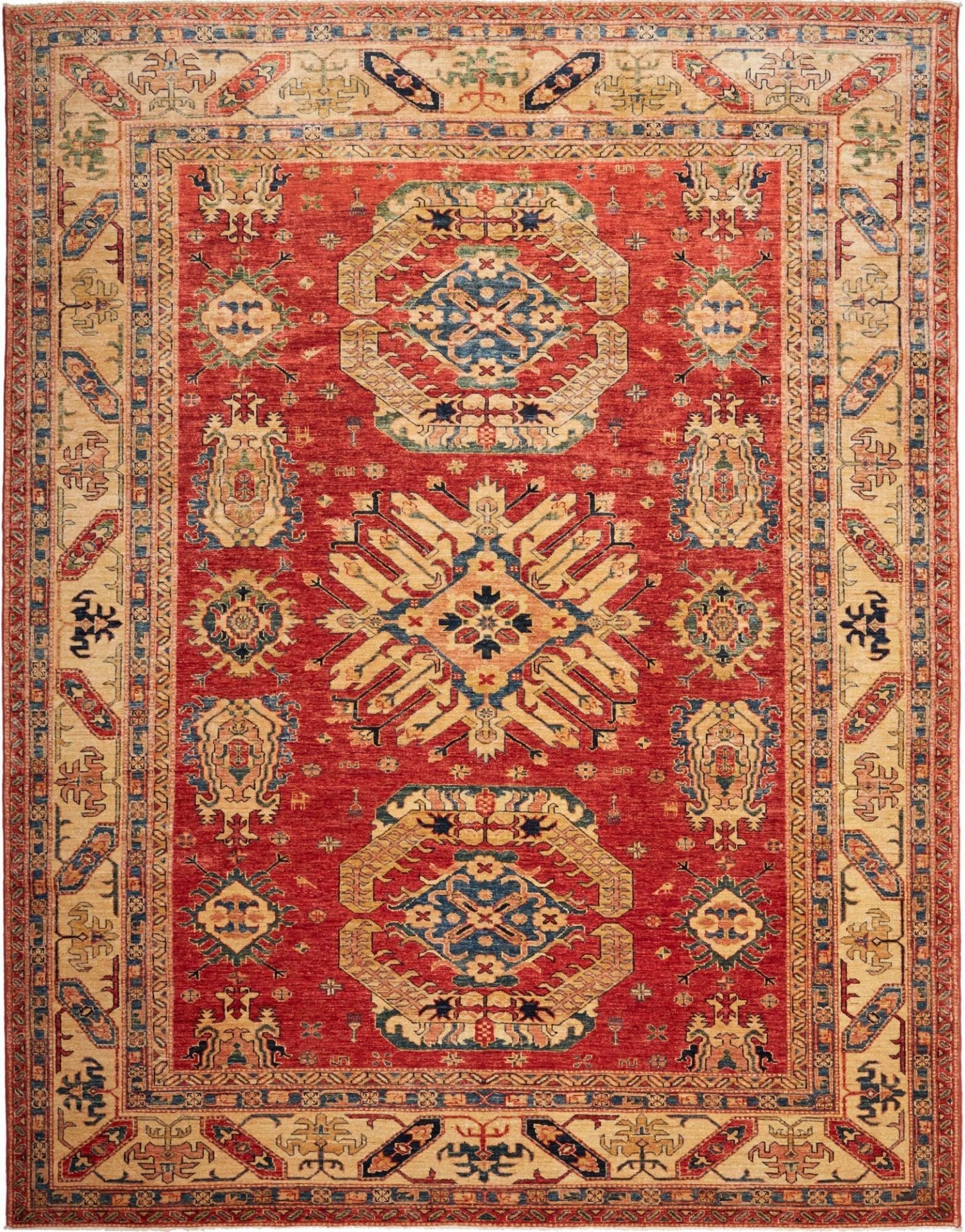 Kazak Teppich 243 x 314 cm, geometrisches Muster, handgeknüpft