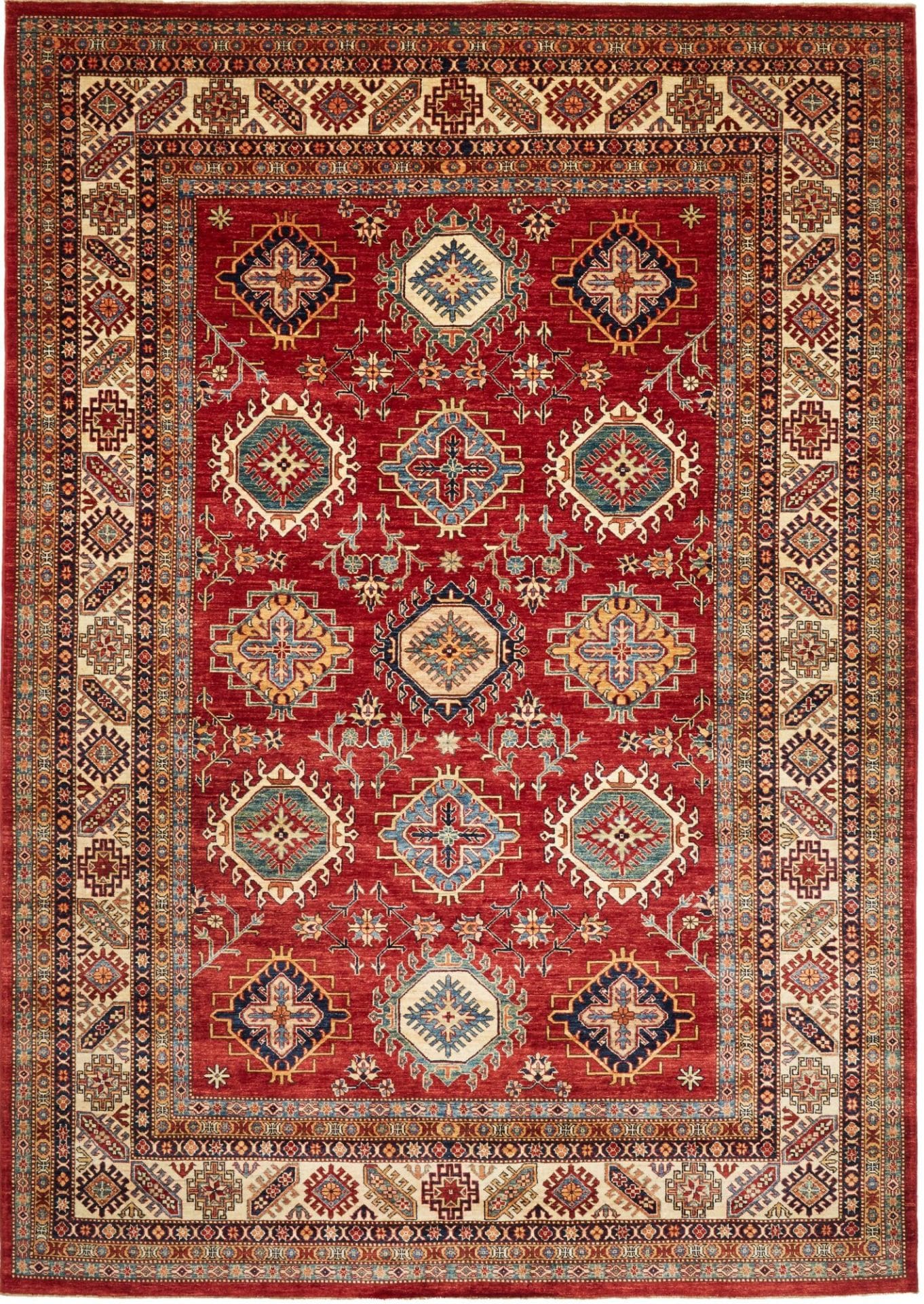 Kazak Teppich 252 x 354 cm, geometrisches Muster, handgeknüpft