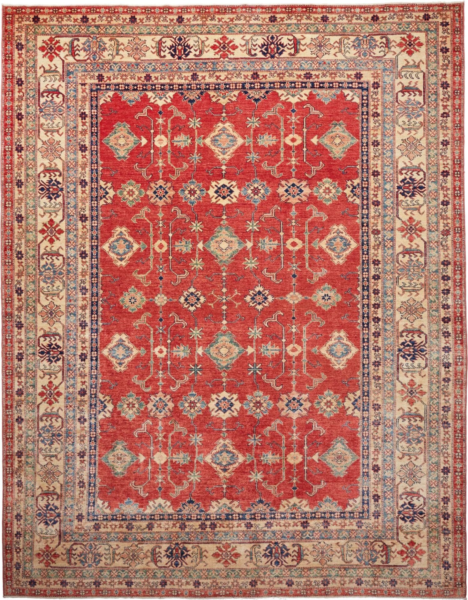 Kazak Teppich 276 x 349 cm mit geometrischen Mustern, handgeknüpft