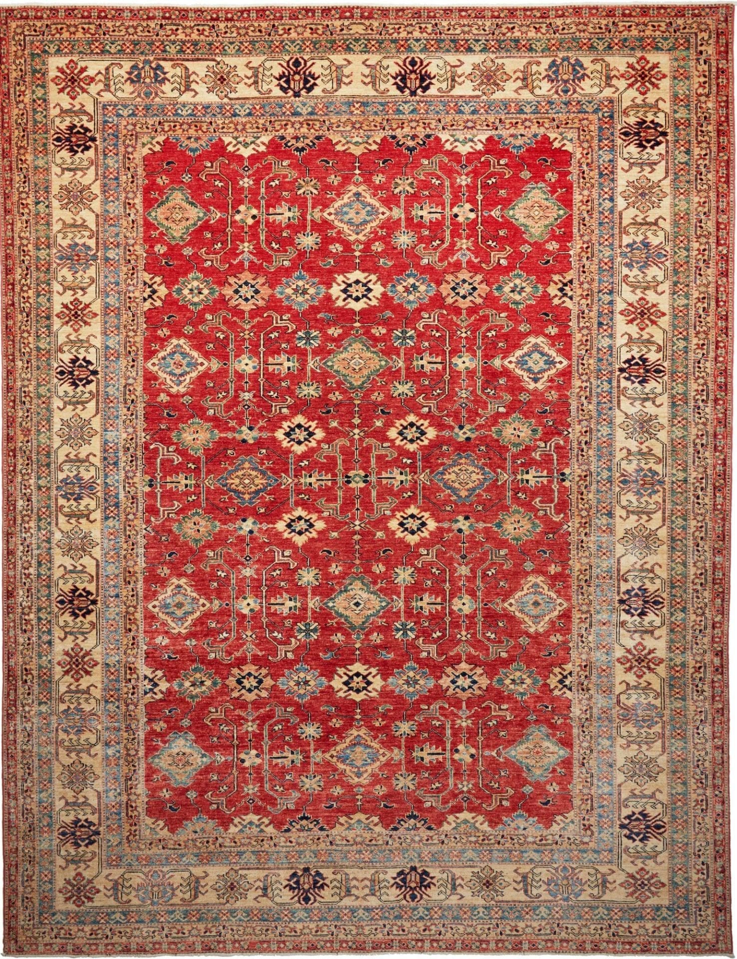 Kazak Teppich 281 x 354 cm, geometrische Muster, handgeknüpft