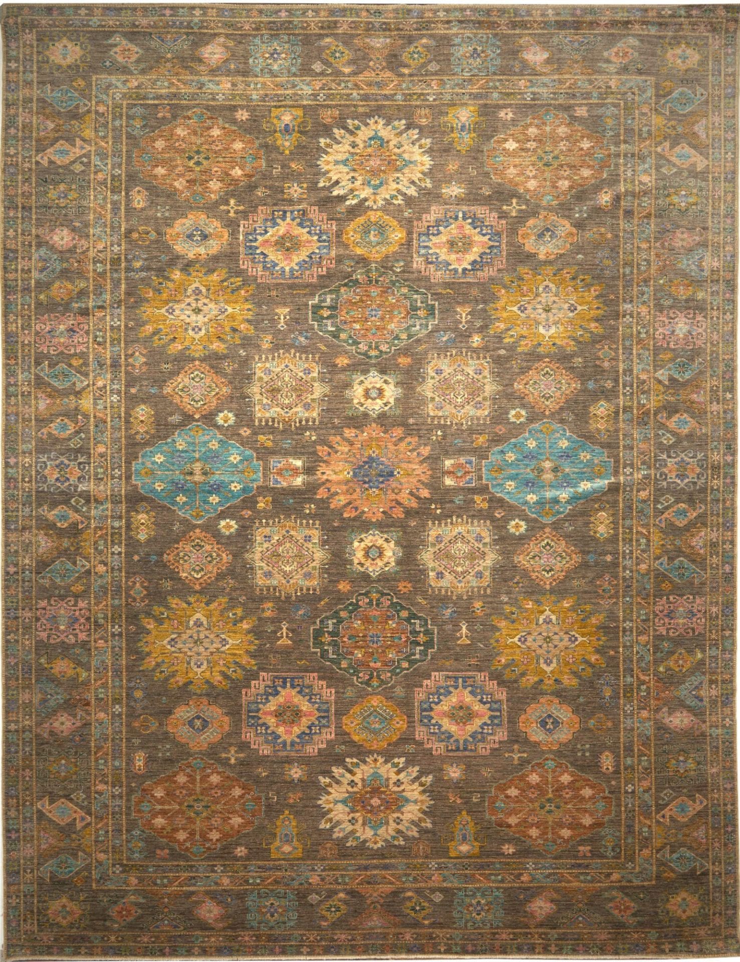 Kazak Teppich 363 x 466cm, geometrische Muster, handgeknüpft