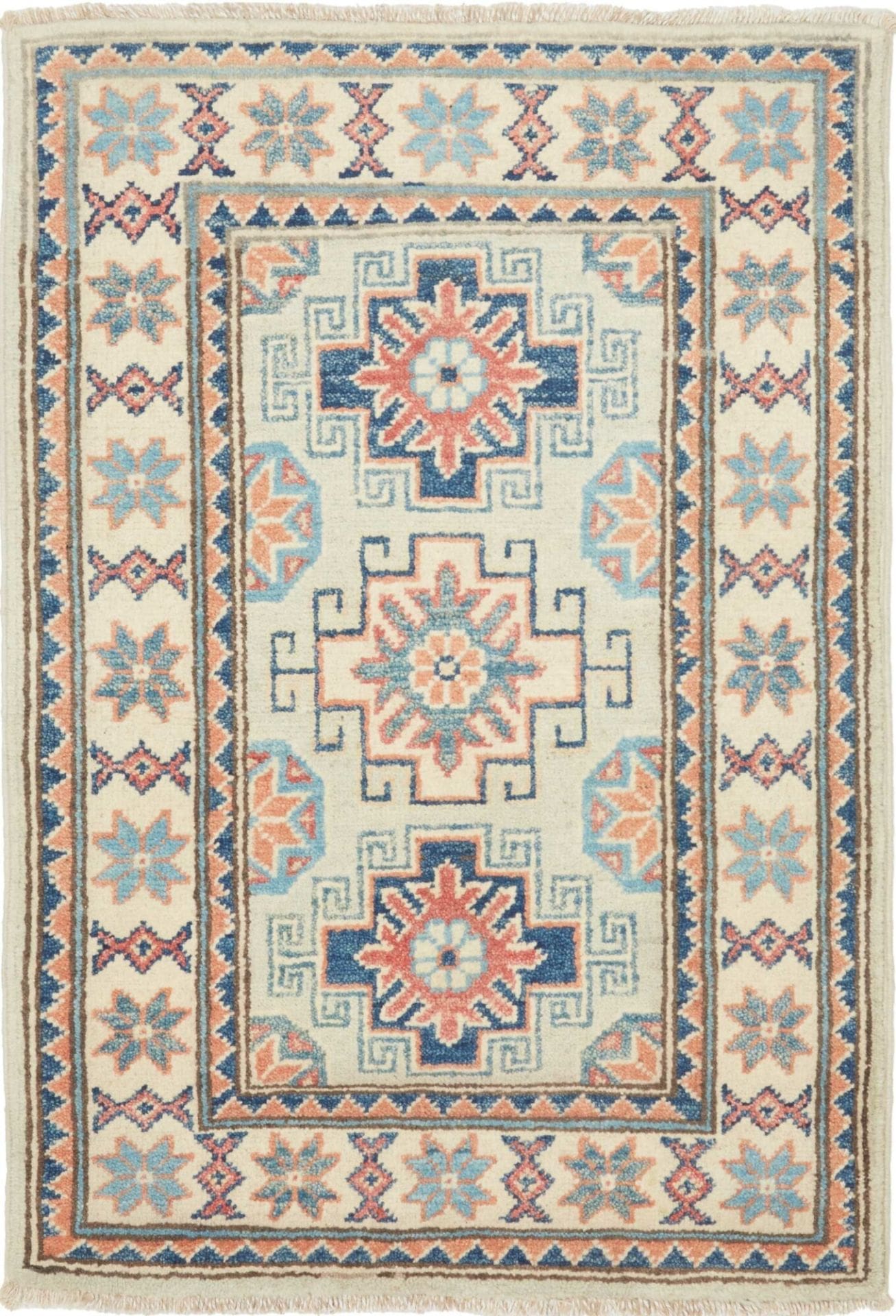 Kazak Teppich 63 x 88 cm, geometrisches Muster, handgeknüpft