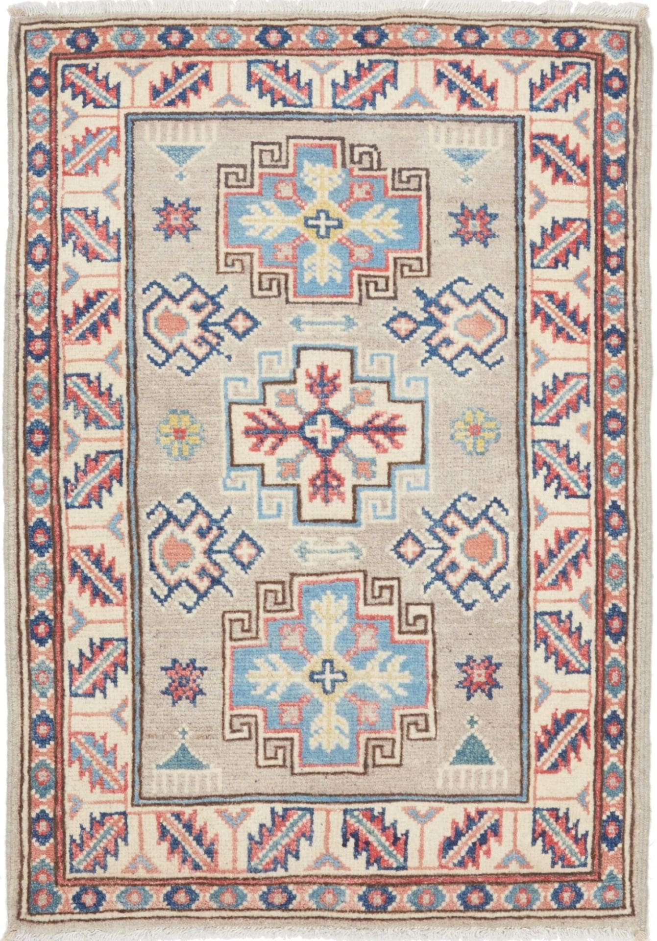 Kazak Teppich 64 x 91 cm, geometrisches Muster, handgeknüpft