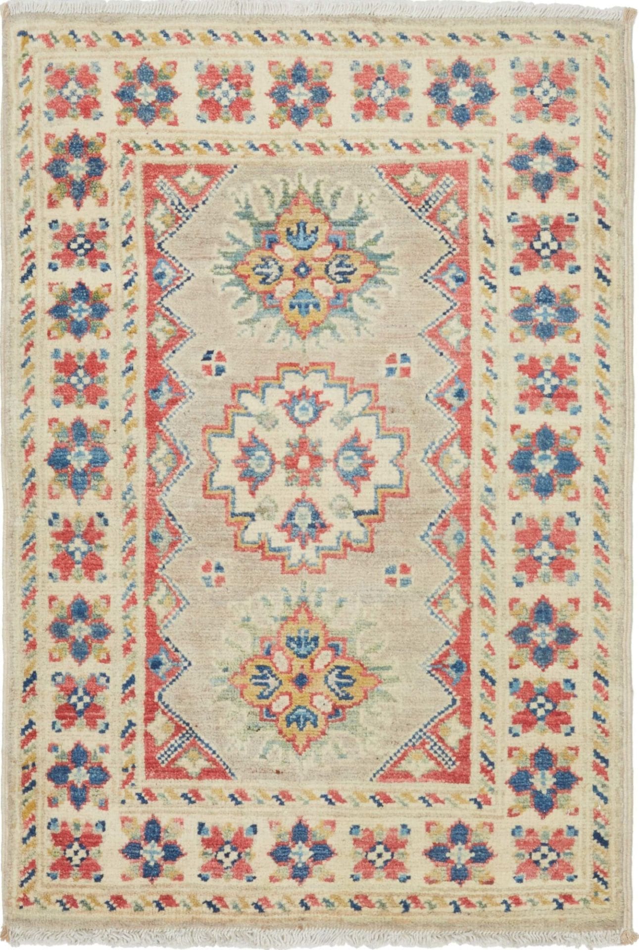 Kazak Teppich 64 x 96cm, geometrisches Muster, handgeknüpft