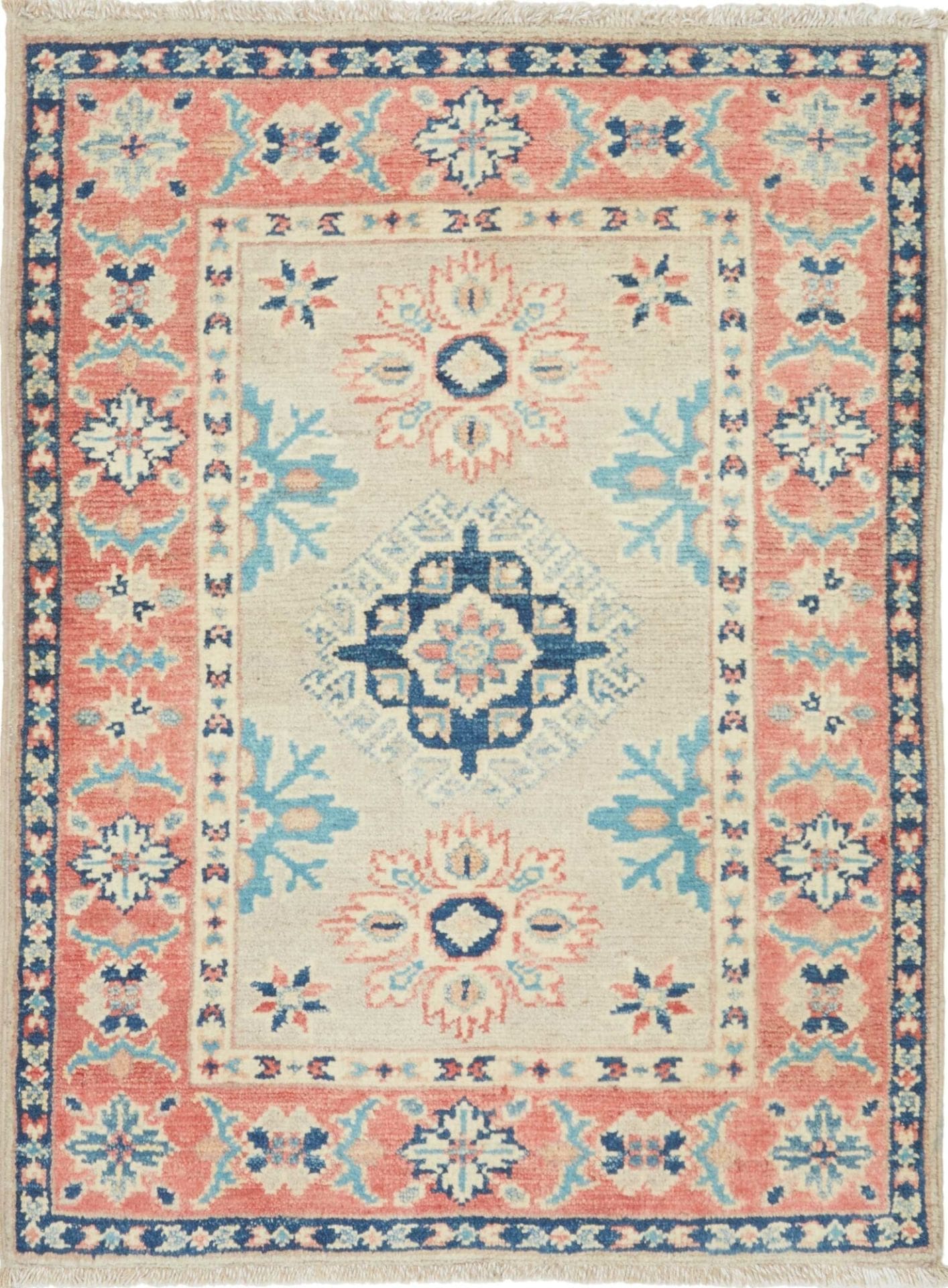 Kazak Teppich 65 x 83 cm, Schurwolle, geometrisches Muster, handgeknüpft