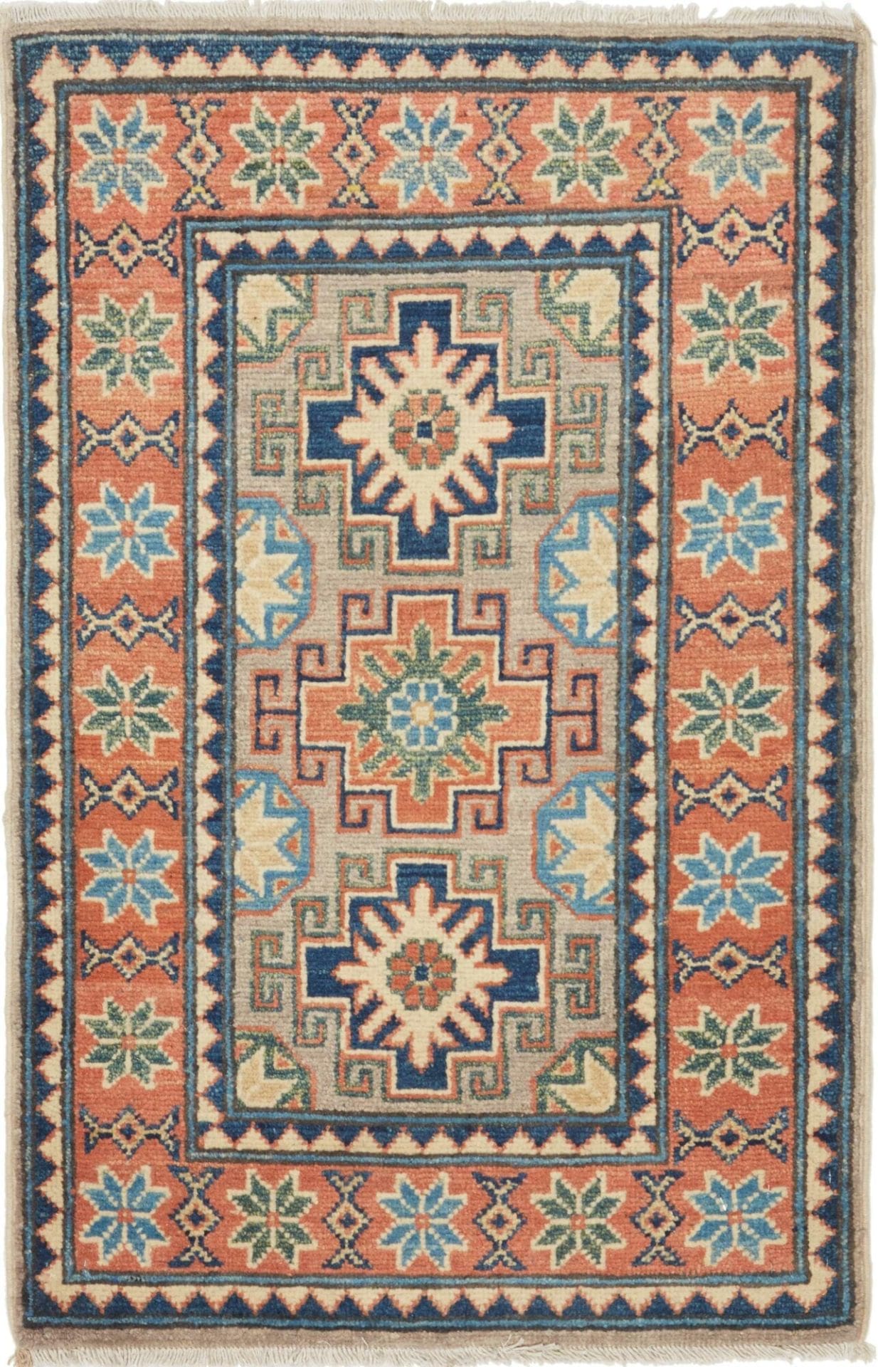 Kazak Teppich 65 x 94cm, geometrisches Muster, handgeknüpft