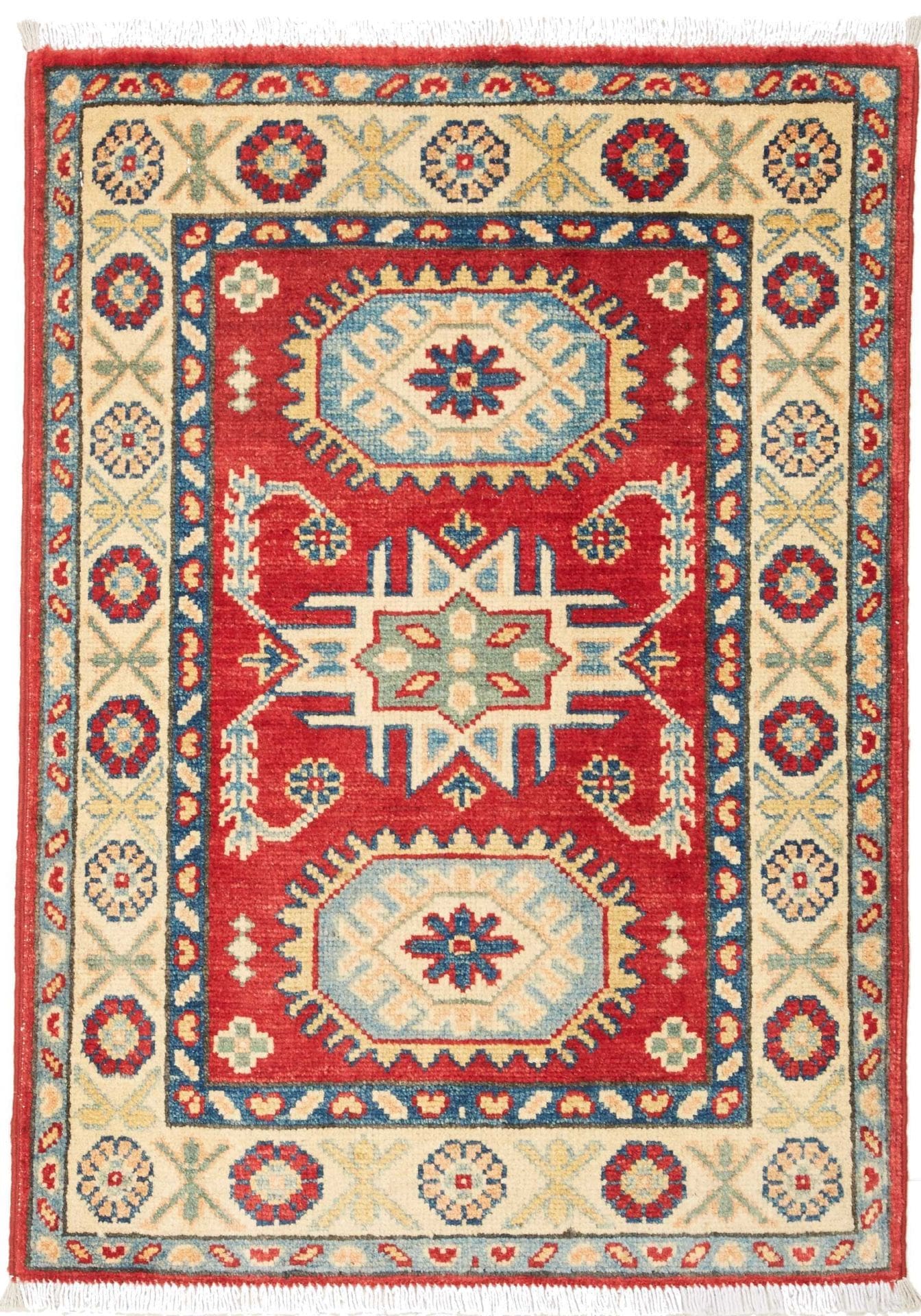 Kazak Teppich 66 x 91cm, geometrisches Muster, handgeknüpft