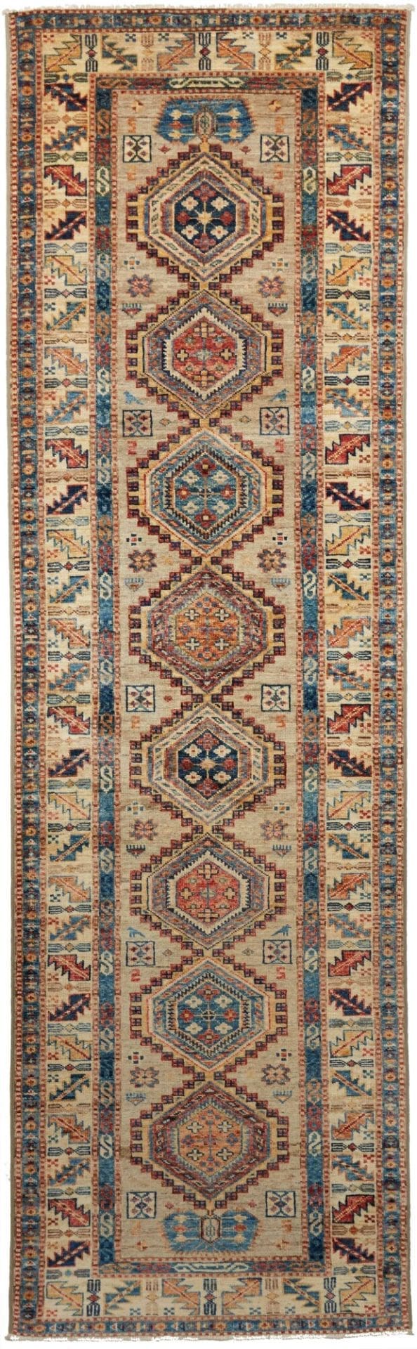 Kazak Teppich 78 x 252cm, geometrisches Muster, handgeknüpft