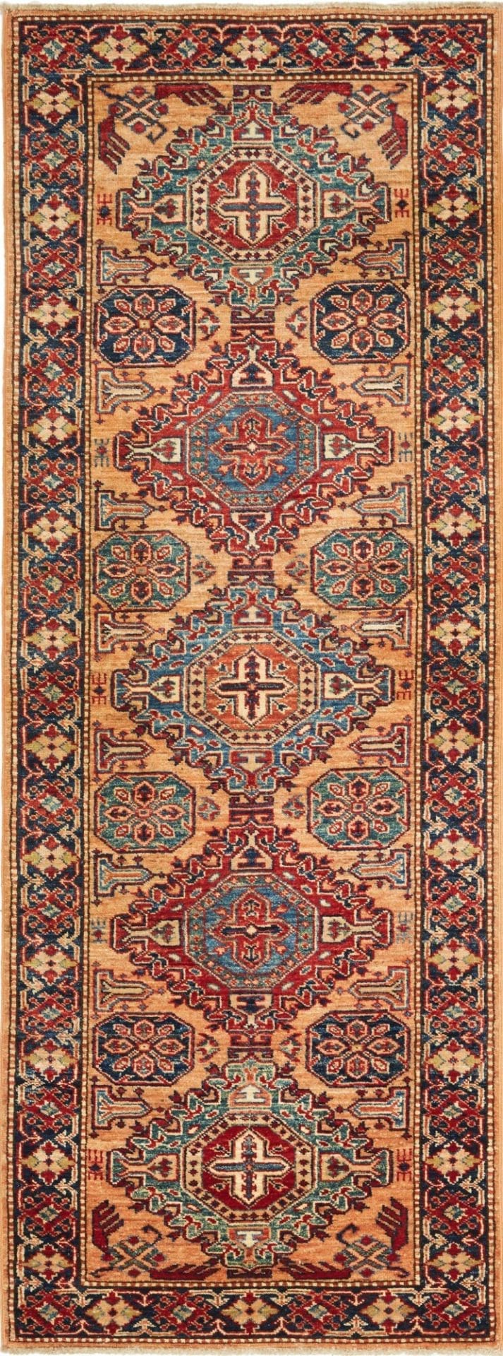 Kazak Teppich 79 x 211cm, geometrisches Muster, handgeknüpft