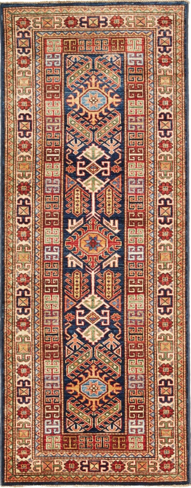 Kazak Teppich 80 x 200 cm, geometrisches Muster, handgeknüpft