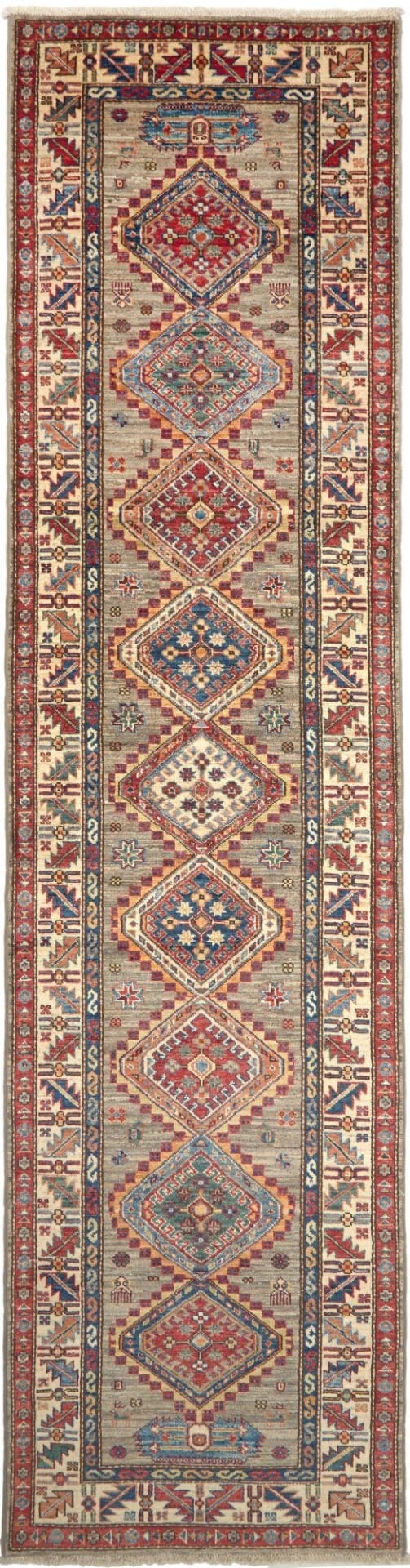 Kazak Teppich 80 x 309cm, geometrische Muster, handgeknüpft