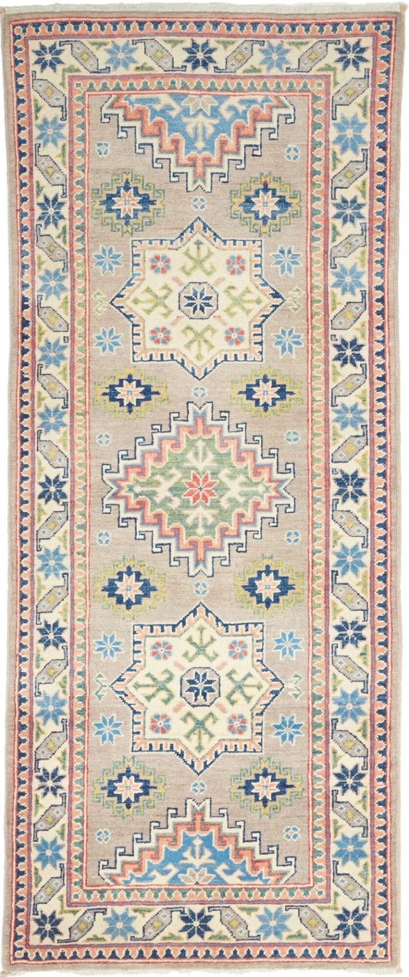 Kazak Teppich 85 x 199cm mit geometrischen Mustern, handgeknüpft