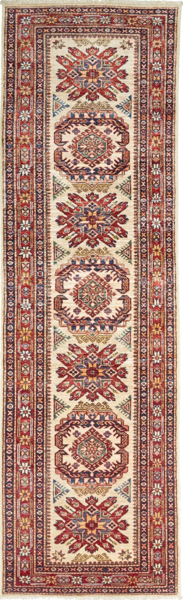 Kazak Teppich 85 x 268 cm, geometrisches Muster, handgeknüpft