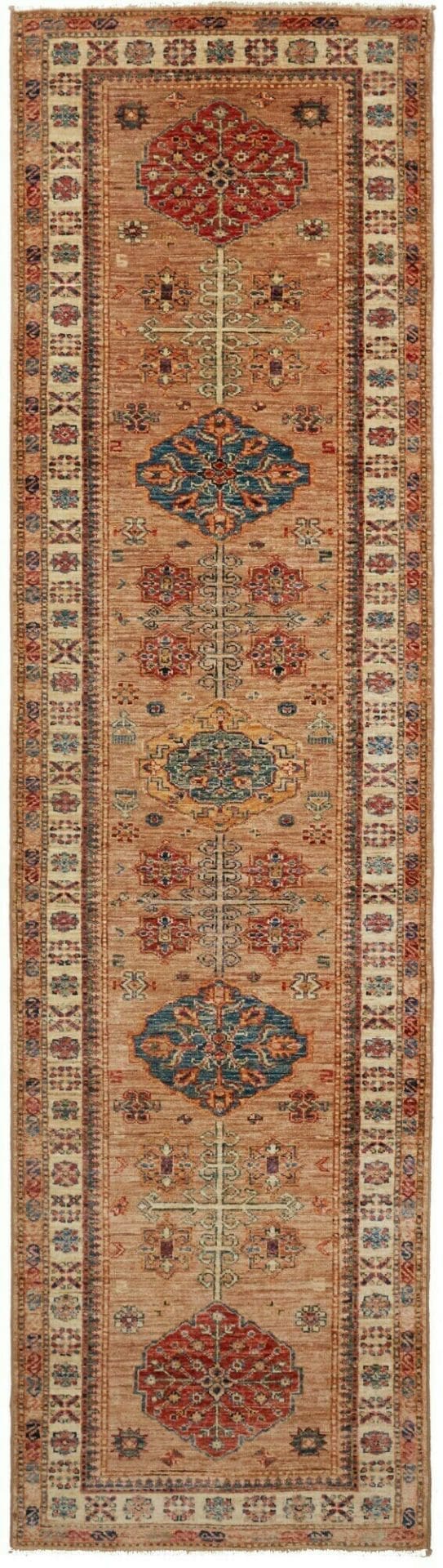 Kazak Teppich 85 x 297 cm, geometrisches Muster, handgeknüpft