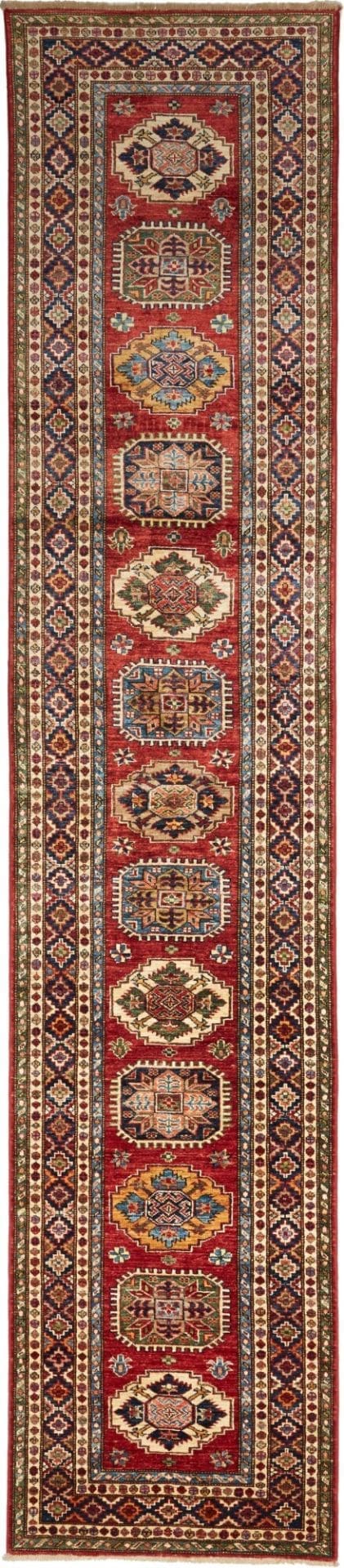 Kazak Teppich 85 x 400cm, geometrisches Muster, handgeknüpft