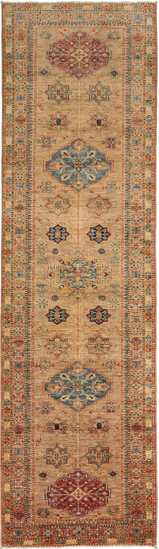 Kazak Teppich 86 x 296 cm, geometrisches Muster, handgeknüpft