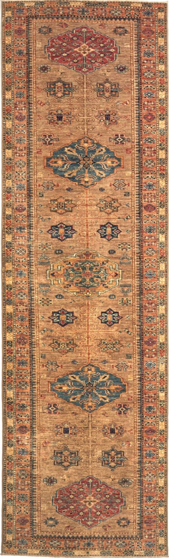 Kazak Teppich 86 x 296cm, geometrisch, Schurwolle, handgeknüpft