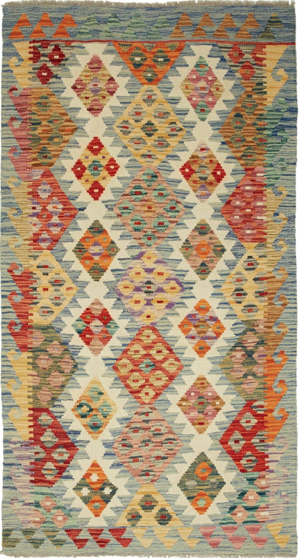 Kelim 105 x 189cm, handgewebt, rustikales Flair aus Wolle