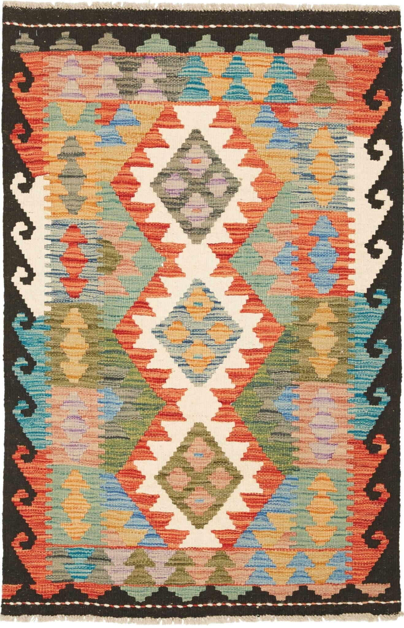 Kelim 83 x 123cm, rustikales Design, Schurwolle, handgewebt