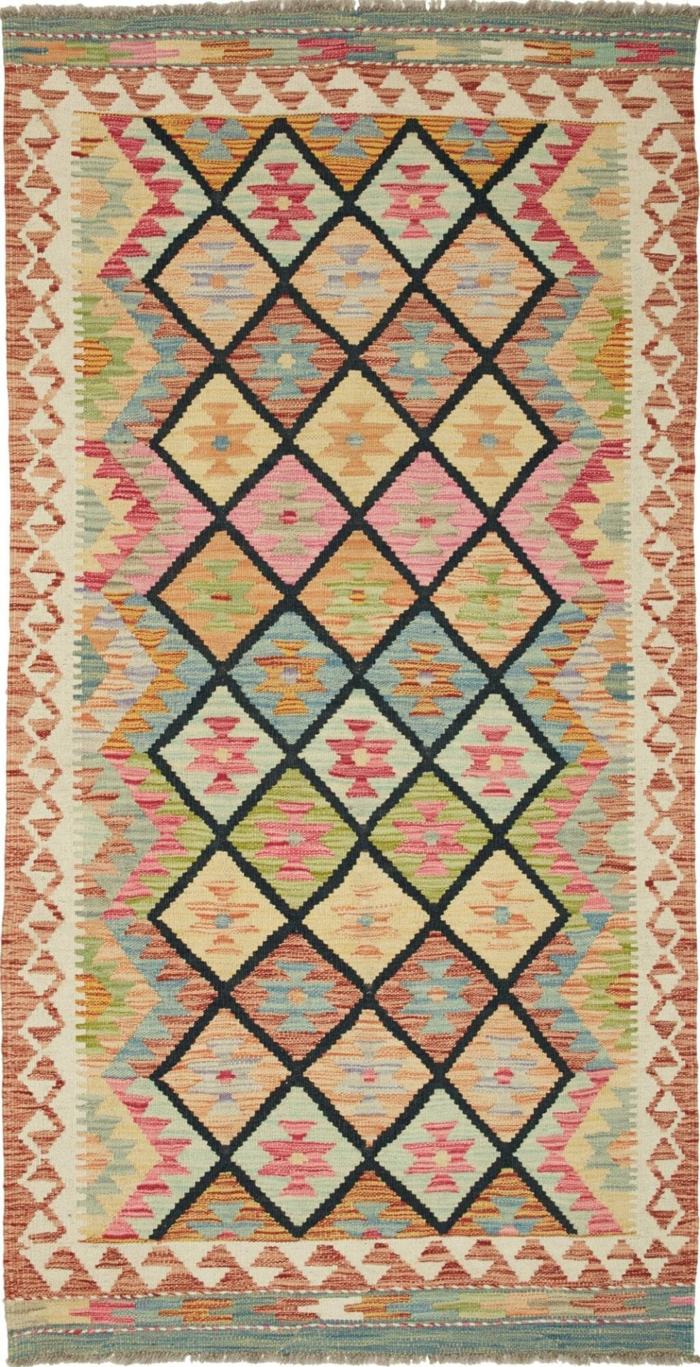 Kelim Teppich 101 x 193cm aus Schurwolle, handgewebt, rustikal