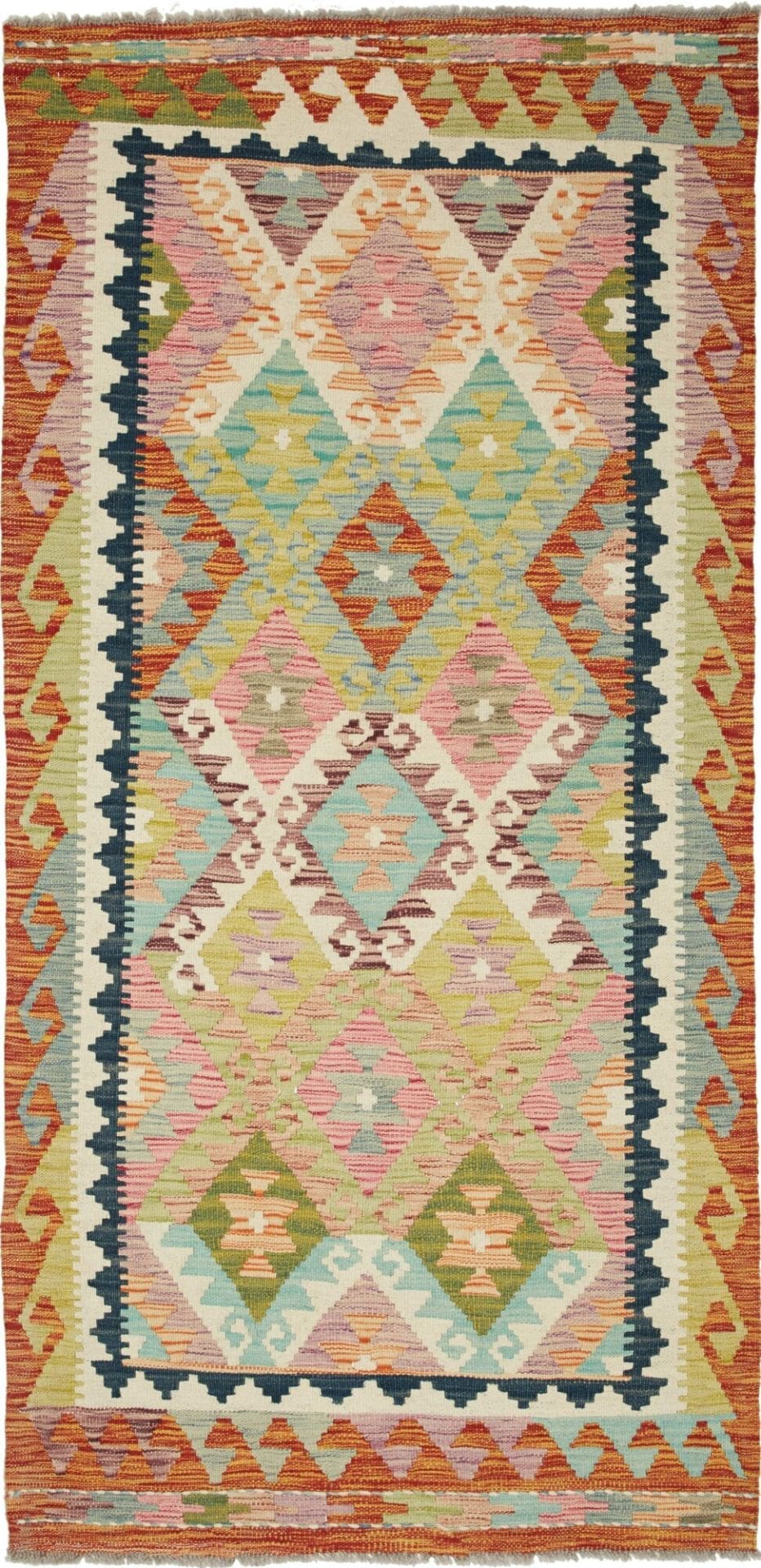 Kelim Teppich 101 x 204cm, handgewebt, rustikales Flair, Wolle