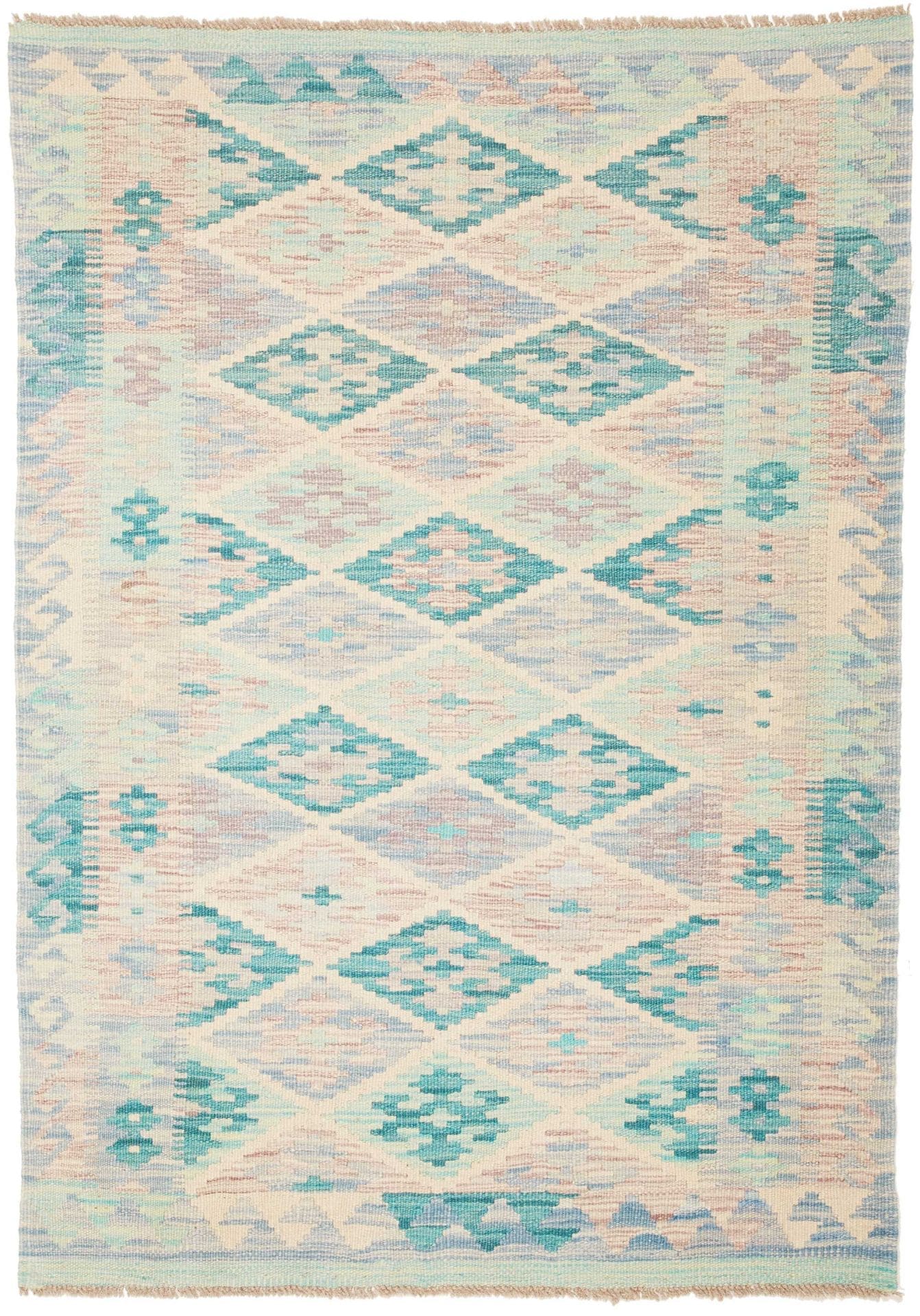 Kelim Teppich 102 x 141cm, handgewebt, rustikales Flair, Wolle