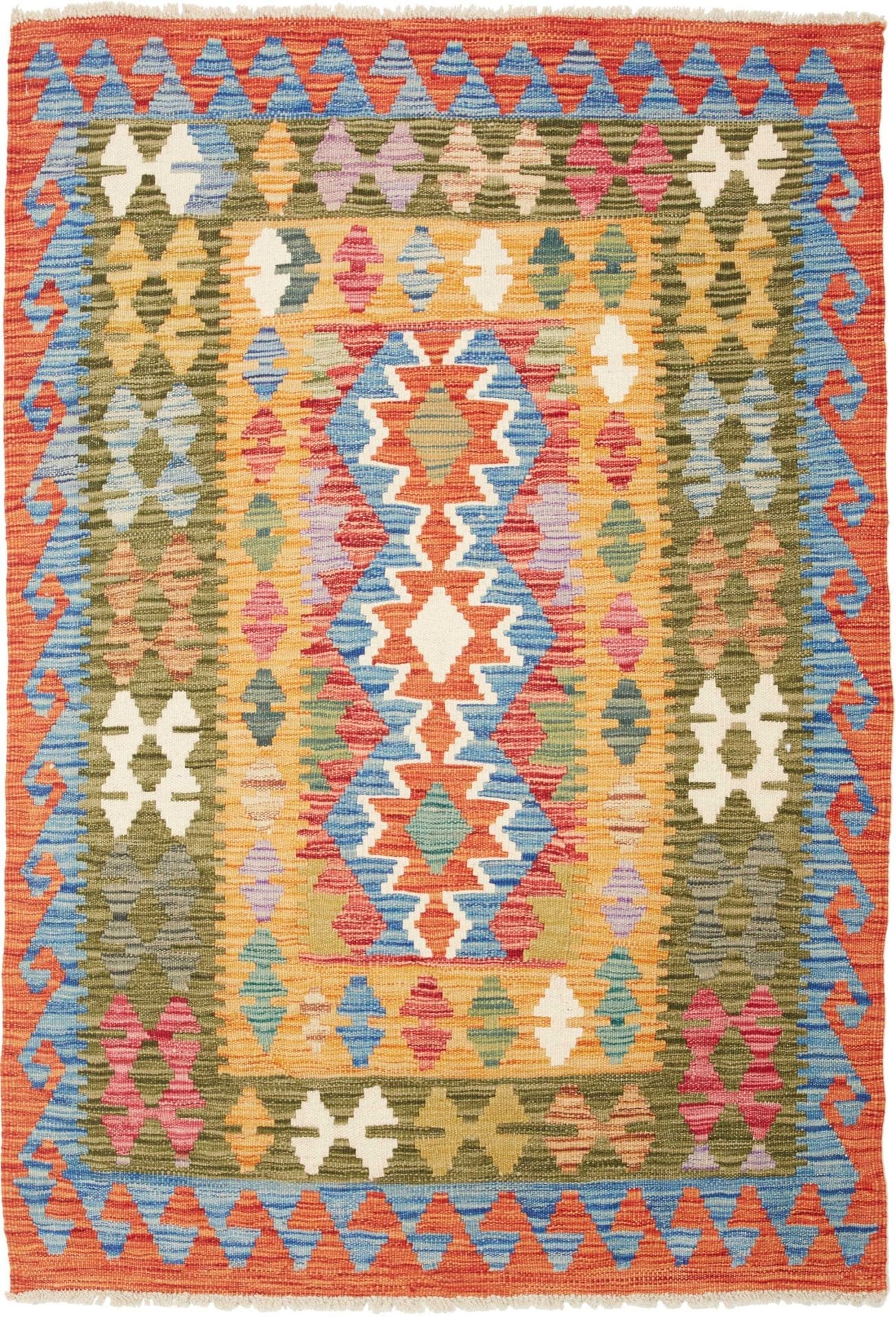 Kelim Teppich 102 x 143cm, handgewebt, rustikales Flair, Wolle