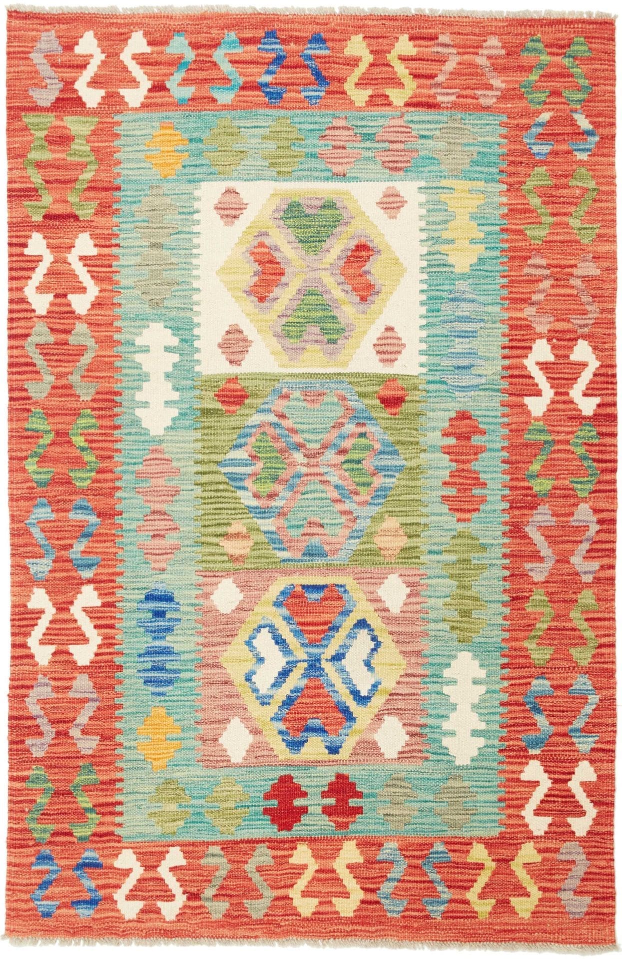 Kelim Teppich 102 x 148cm aus Schurwolle, handgewebt, rustikal