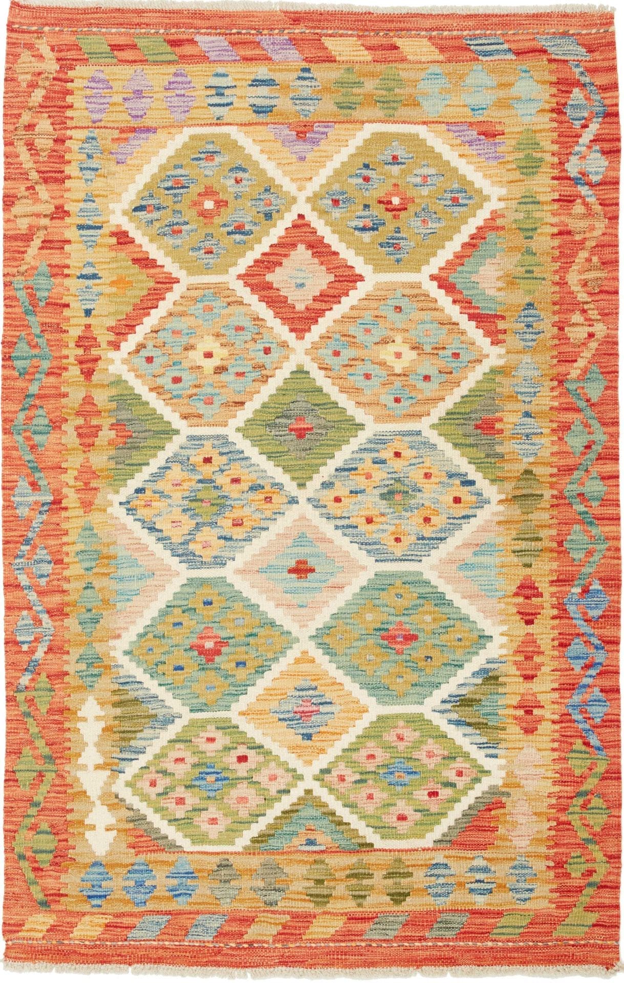 Kelim Teppich 103 x 155cm handgewebt, rustikales Design aus Wolle