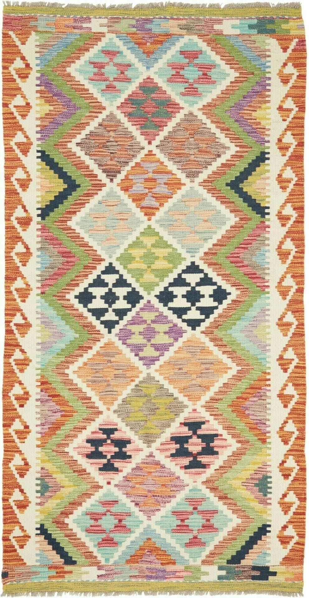 Kelim Teppich 103 x 192cm, handgewebt, rustikales Flair, Schurwolle