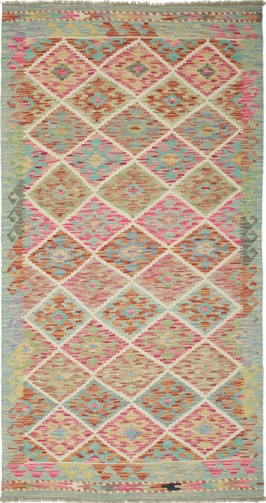 Kelim Teppich 103 x 194cm, Schurwolle, handgewebt, rustikales Flair