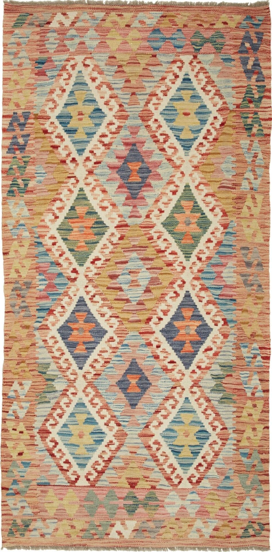 Kelim Teppich 103 x 208 cm, handgewebt, Schurwolle, rustikal