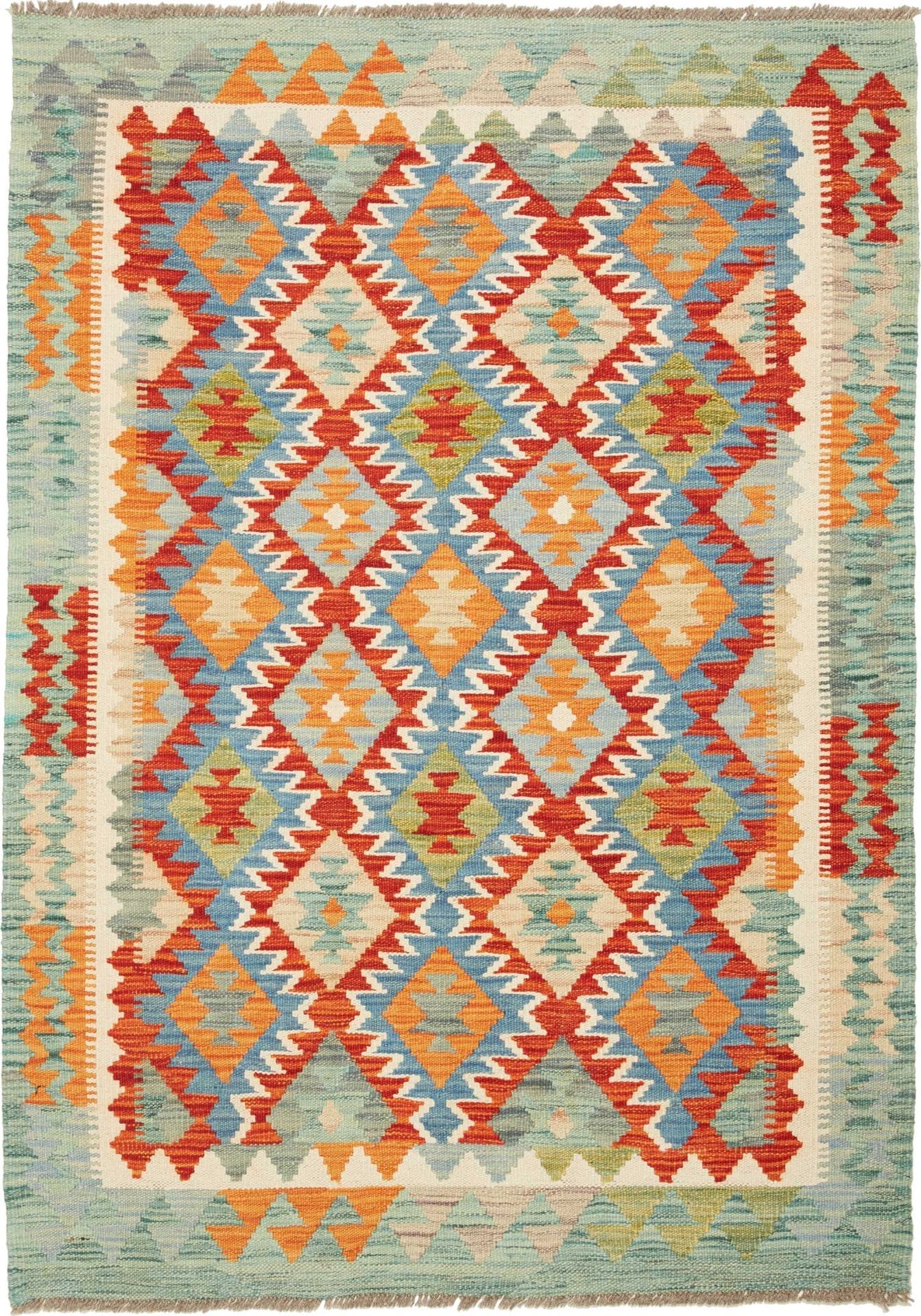 Kelim Teppich 104 x 144 cm – Handgewebt aus Schurwolle, rustikal