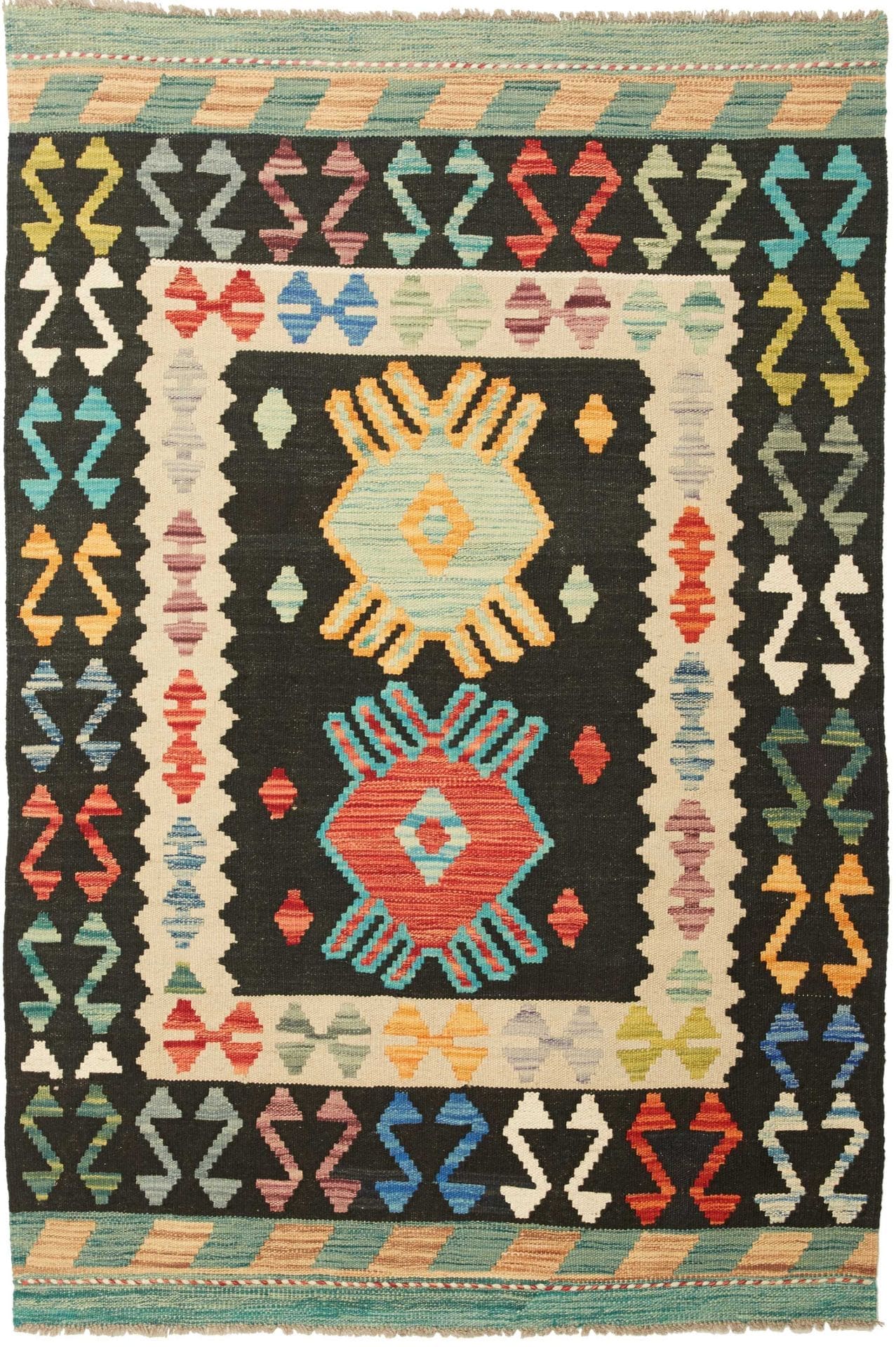 Kelim Teppich 104 x 150cm, handgewebt, rustikales Flair, Wolle