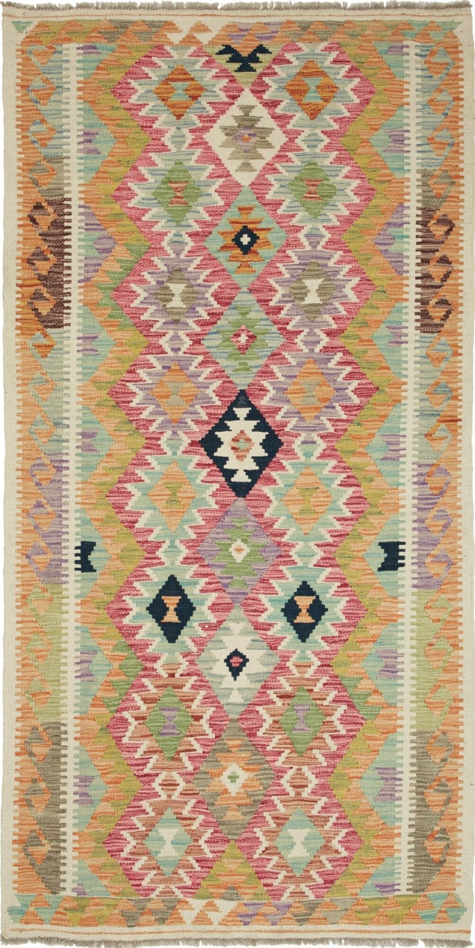 Kelim Teppich 104 x 200cm, handgewebt, Schurwolle, rustikales Flair