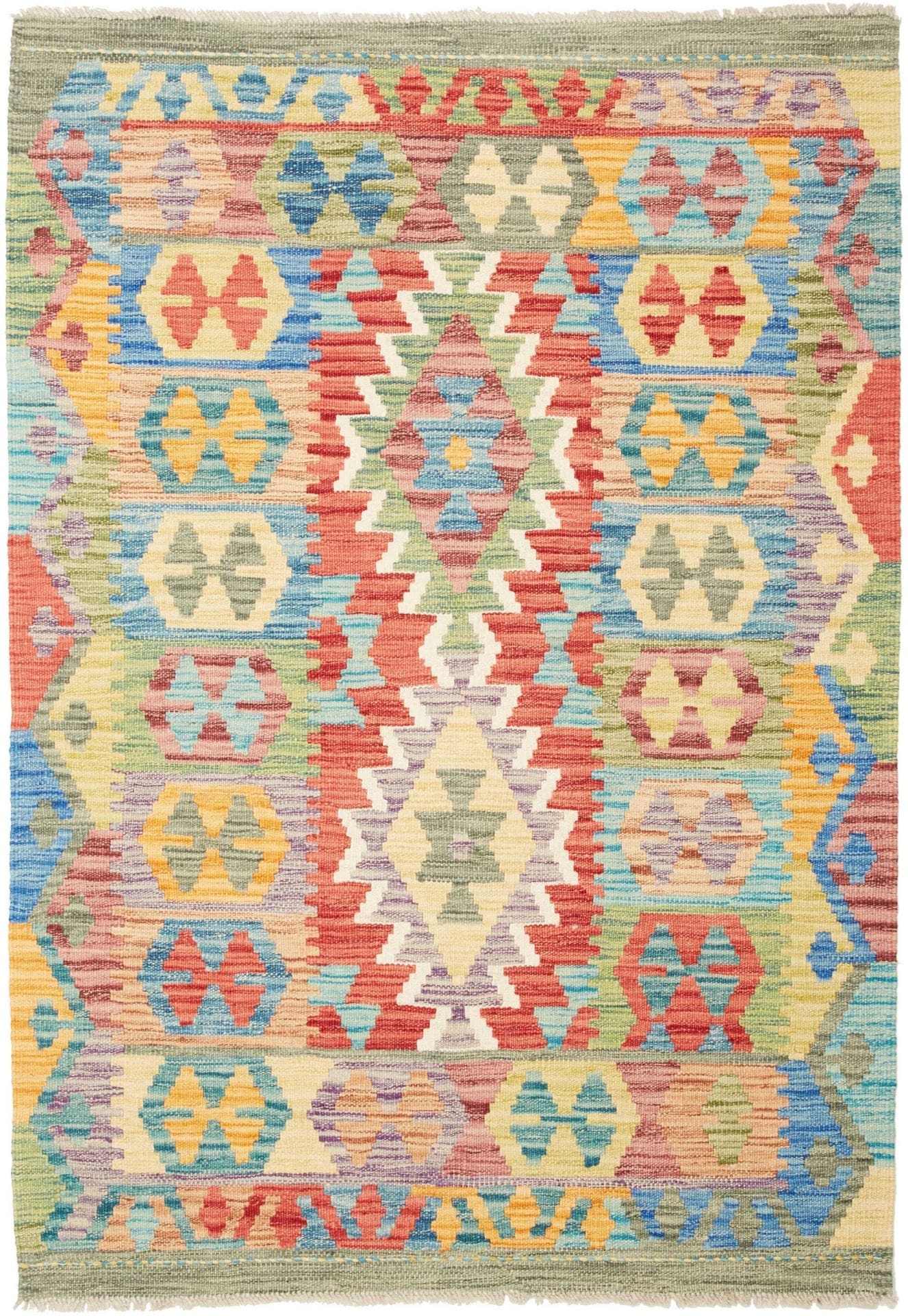 Kelim Teppich 105 x 146 cm, handgewebt, Schurwolle, rustikal