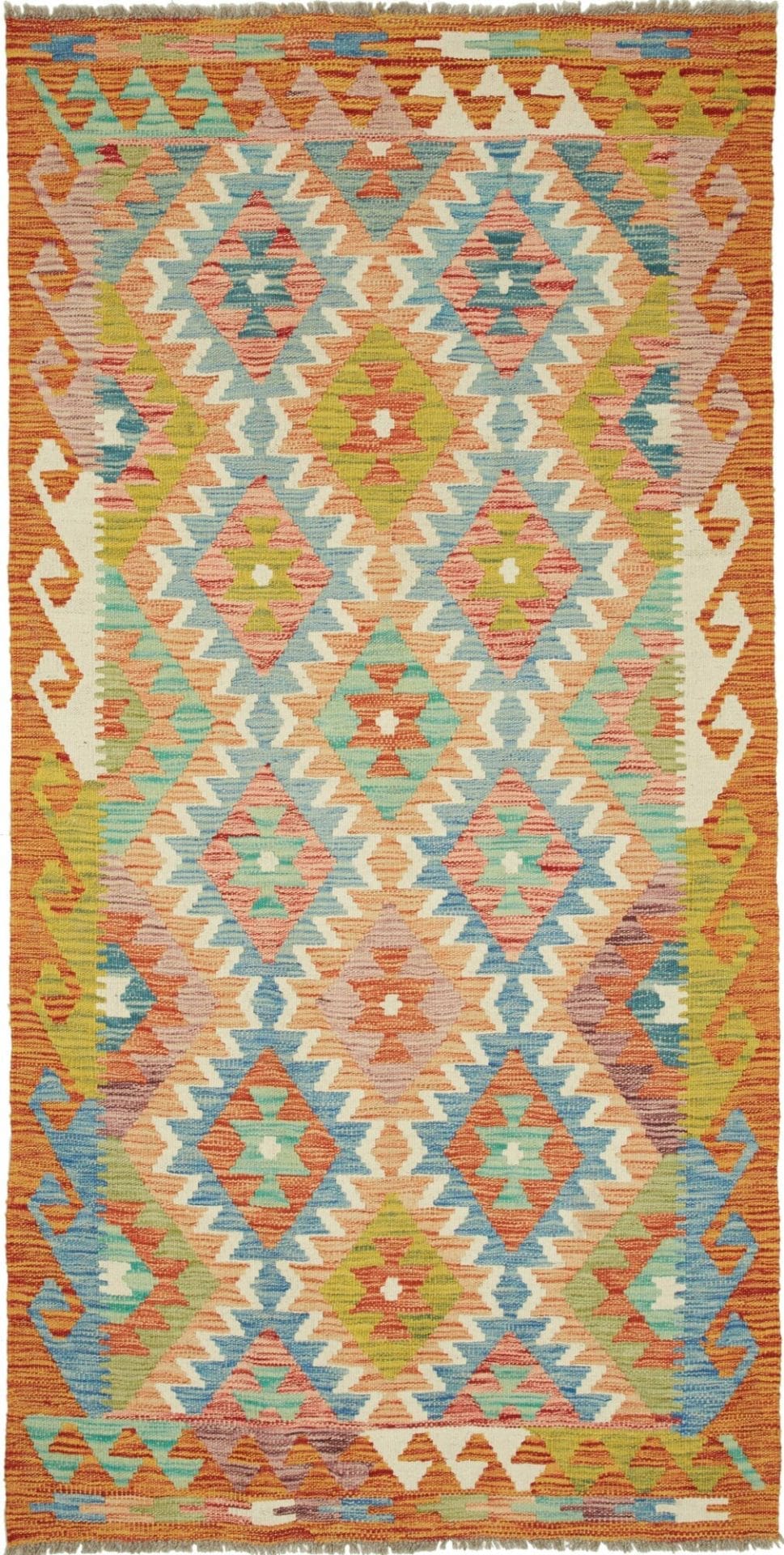 Kelim Teppich 105 x 201cm aus Schurwolle, handgewebt, rustikal