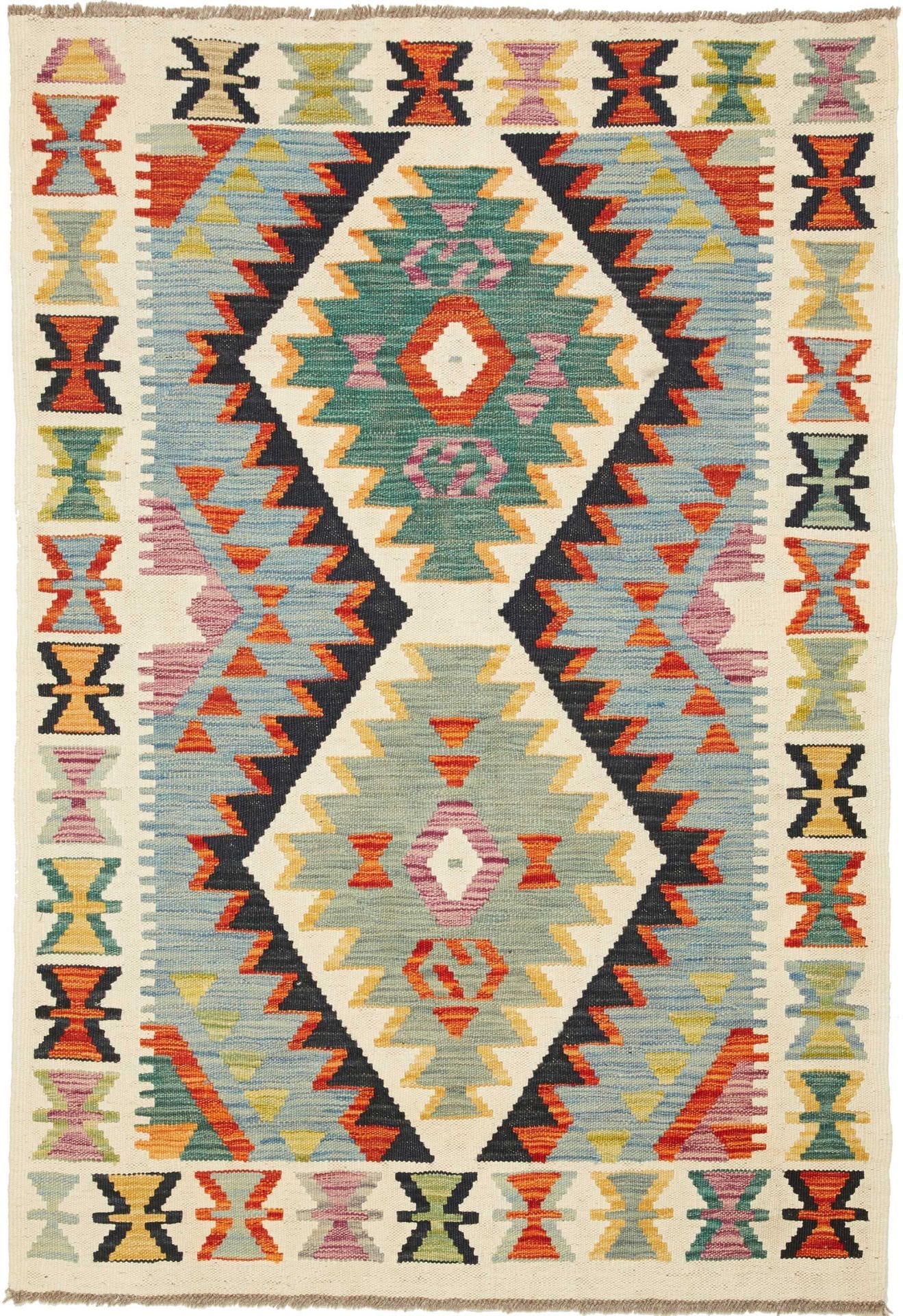 Kelim Teppich 106 x 148cm aus Schurwolle, handgewebt, rustikal