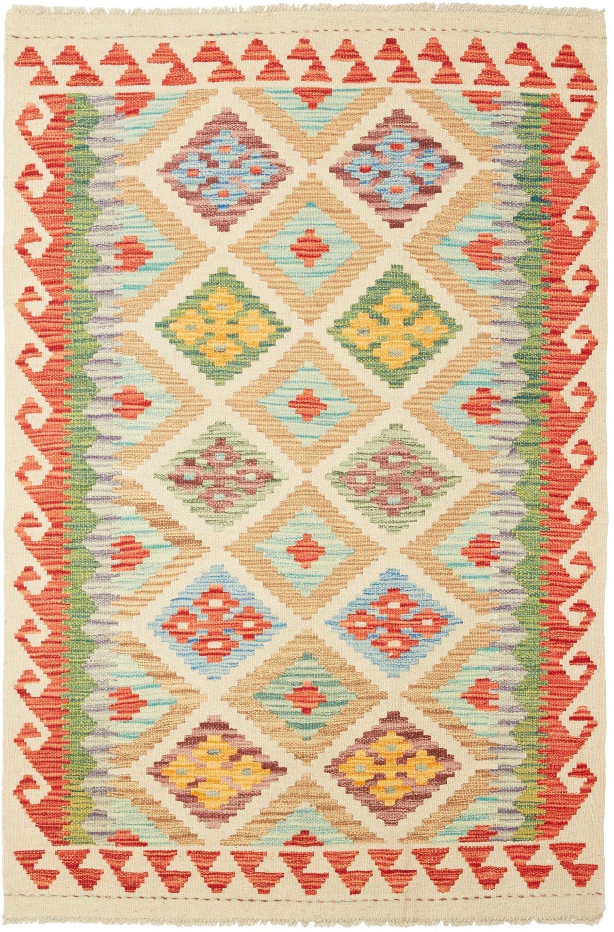 Kelim Teppich 106 x 153cm aus Schurwolle, handgewebt, rustikal