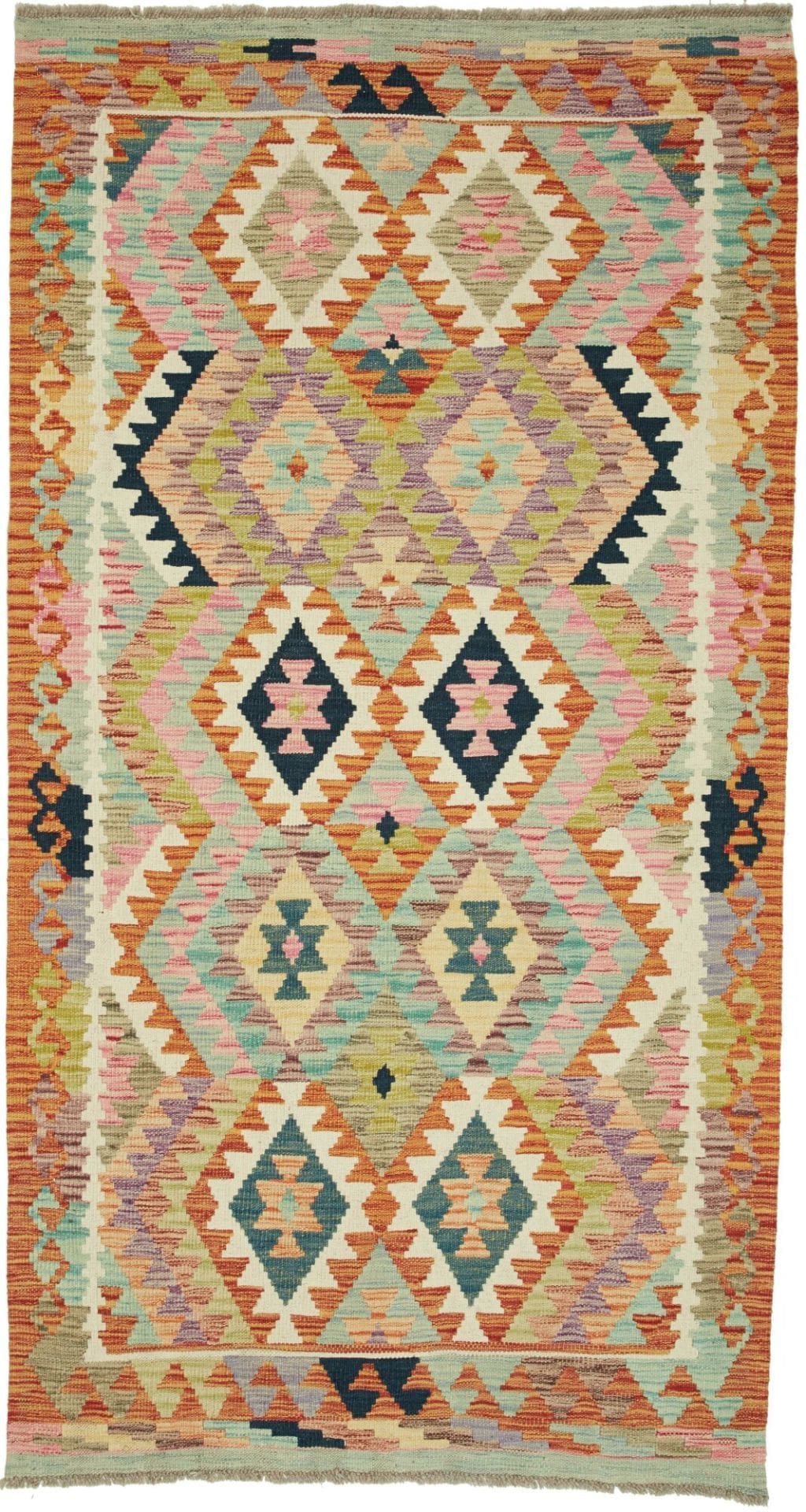 Kelim Teppich 106 x 194cm aus Schurwolle, handgewebt, rustikales Flair